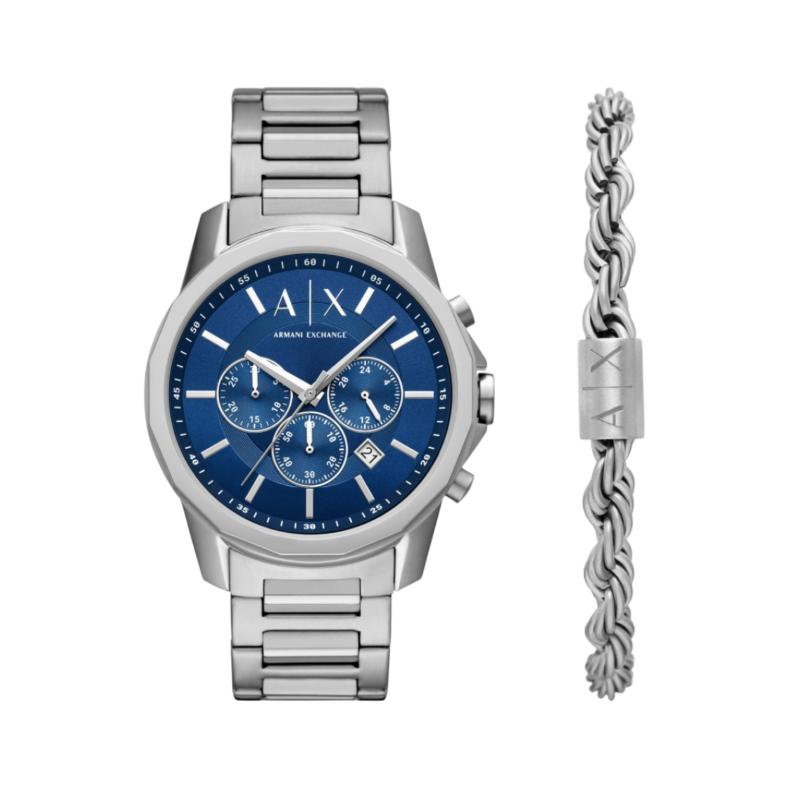 아르마니 익스체인지 크로노그래프 쿼츠 44mm 스테인리스 스틸 브레이슬릿 세트 블루 실버(Armani Exchange Chronograph Quartz 44mm Stainless Steel Bracelet Set Blue Silver)