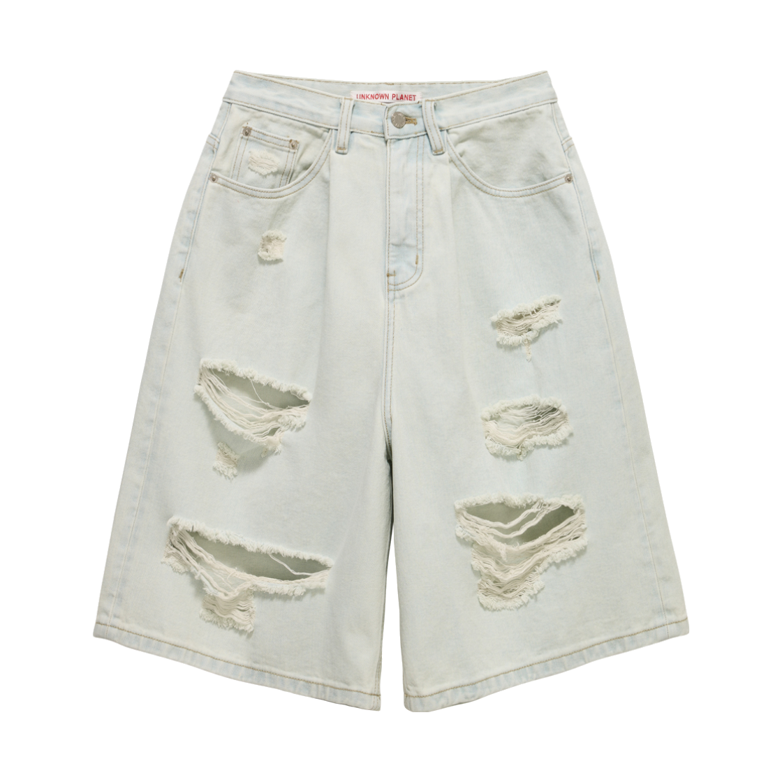 언노운플라넷 하드 디스트로이드 와이드 데님 버뮤다 팬츠 라이트블루(UNKNOWN PLANET Hard Distressed Wide Denim Bermuda Pants Light Blue)