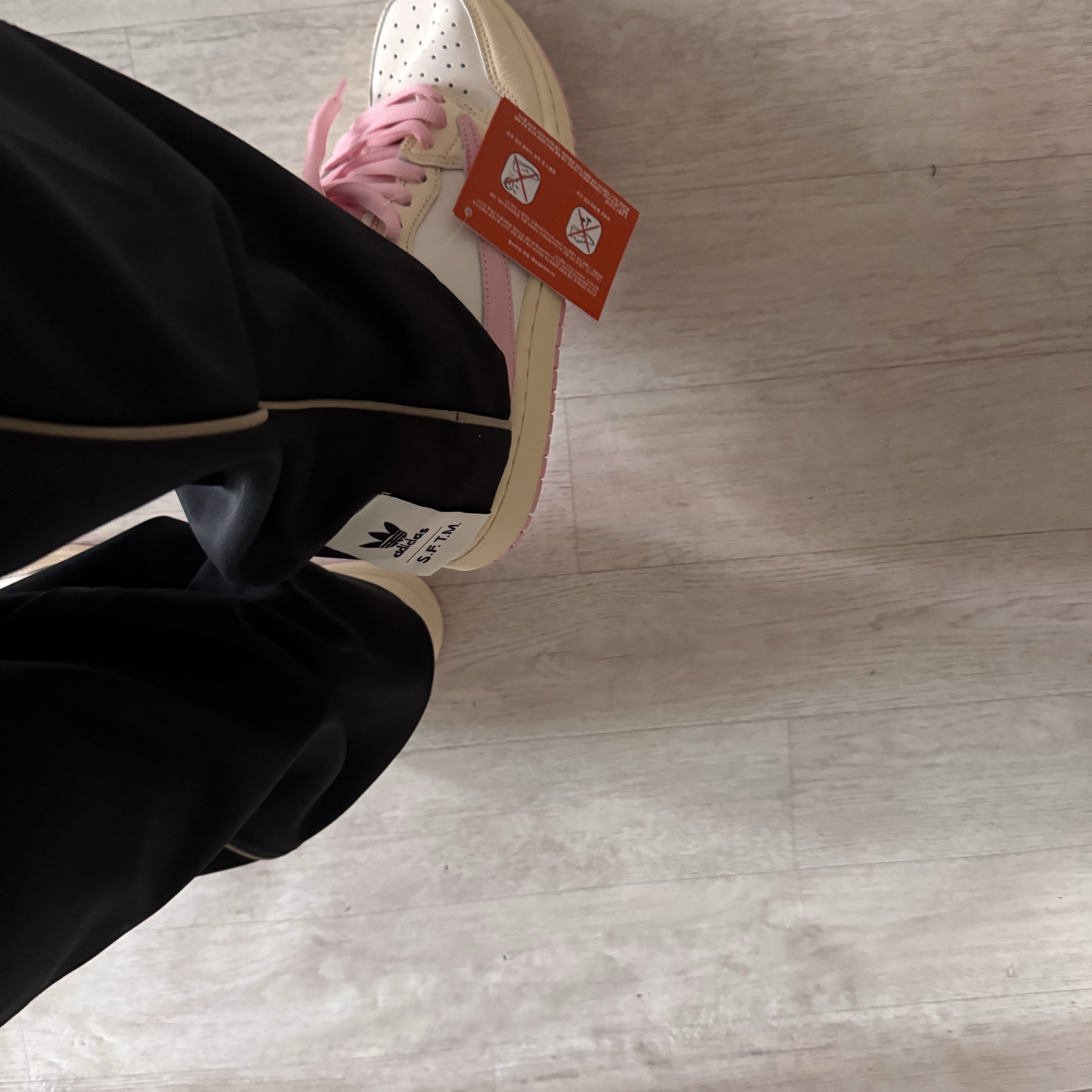 Jordan 1 x Travis Scott Retro Low OG SP Muslin Shy Pink, Adidas x Song for the Mute Spring Woven Pants Black - US Sizing 착용 스타일