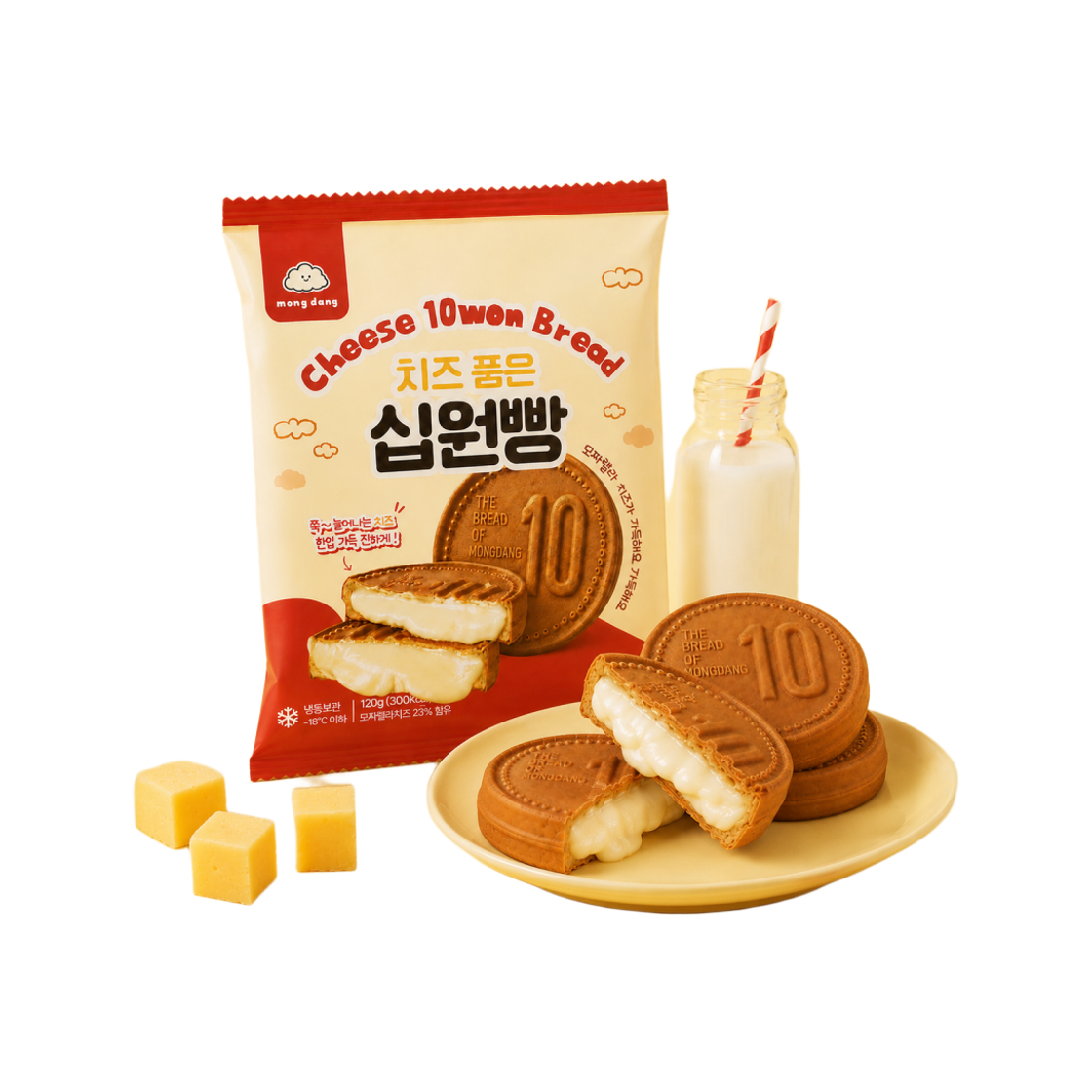 몽당 모짜렐라 치즈 품은 십원빵 120g, 2팩 구성 (240g)(mong dang Cheese 10won Bread)