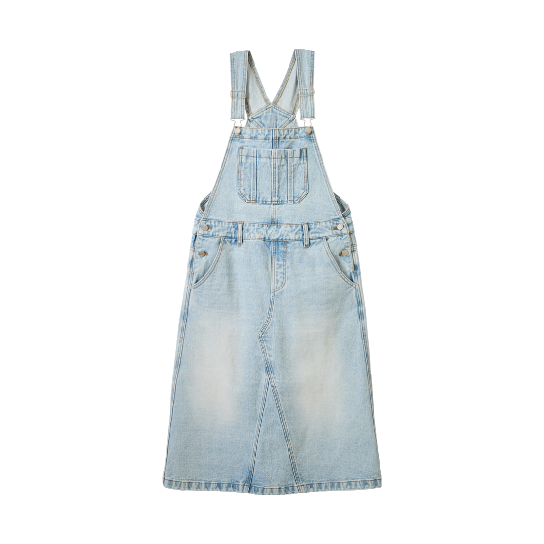 언노운플라넷 라이트 워싱 A라인 데님 오버롤 스커트(UNKNOWN PLANET Light-wash A-line denim overall skirt)