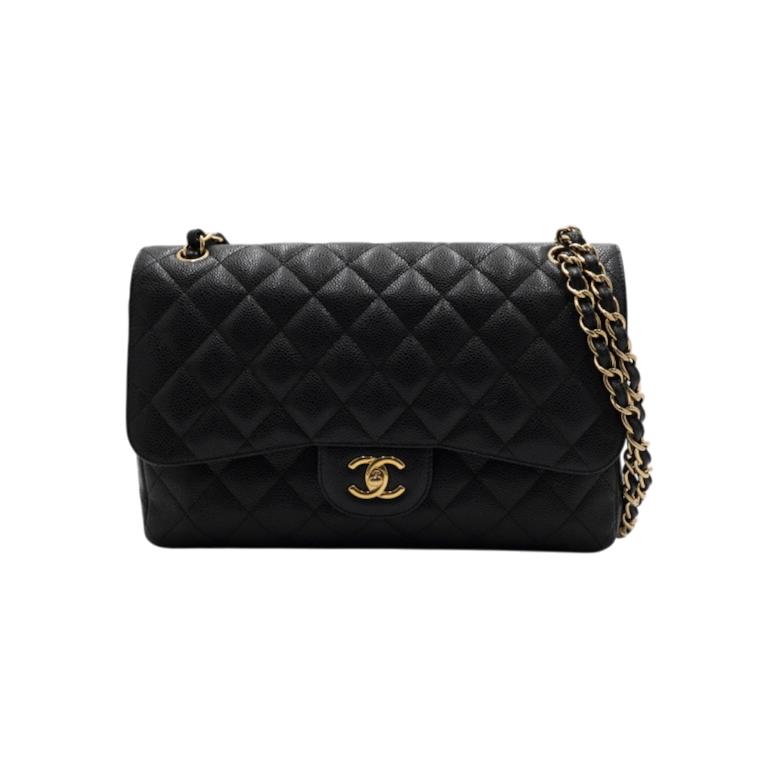 ITCR8KJH7TEC Chanel Black Caviar Classic Jumbo Gold Chain Shoulder Bag