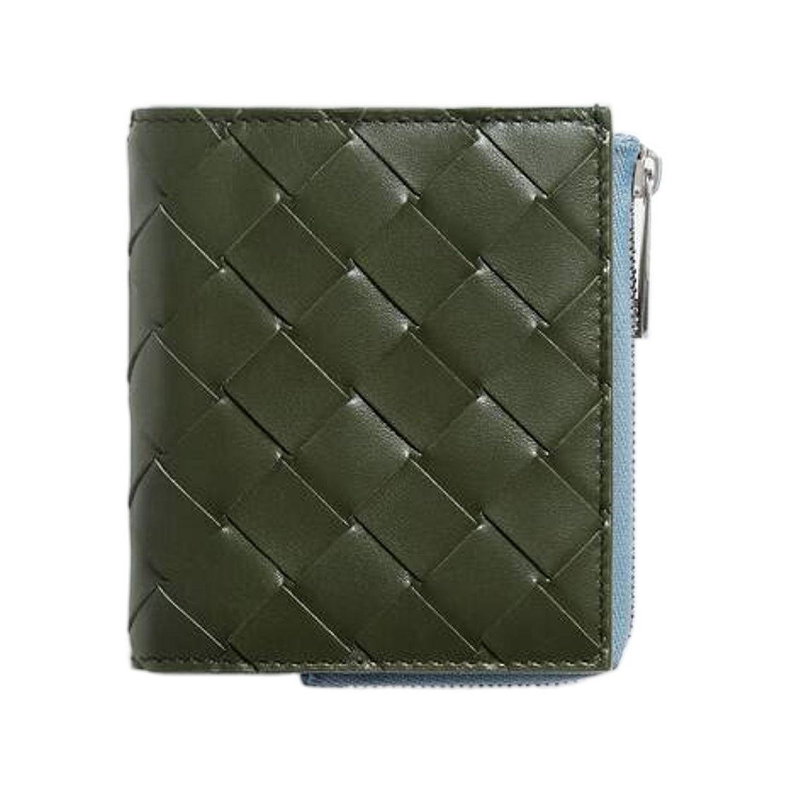 775546VCPQ63825 Bottega Veneta Intrecciato Small Bi-Fold Wallet Green Tweed Mineral