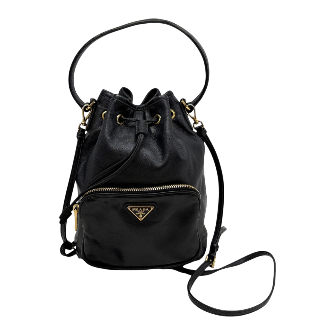 ITUMDTEP8GMA Prada Triangle Logo Leather Bucket Bag - Black