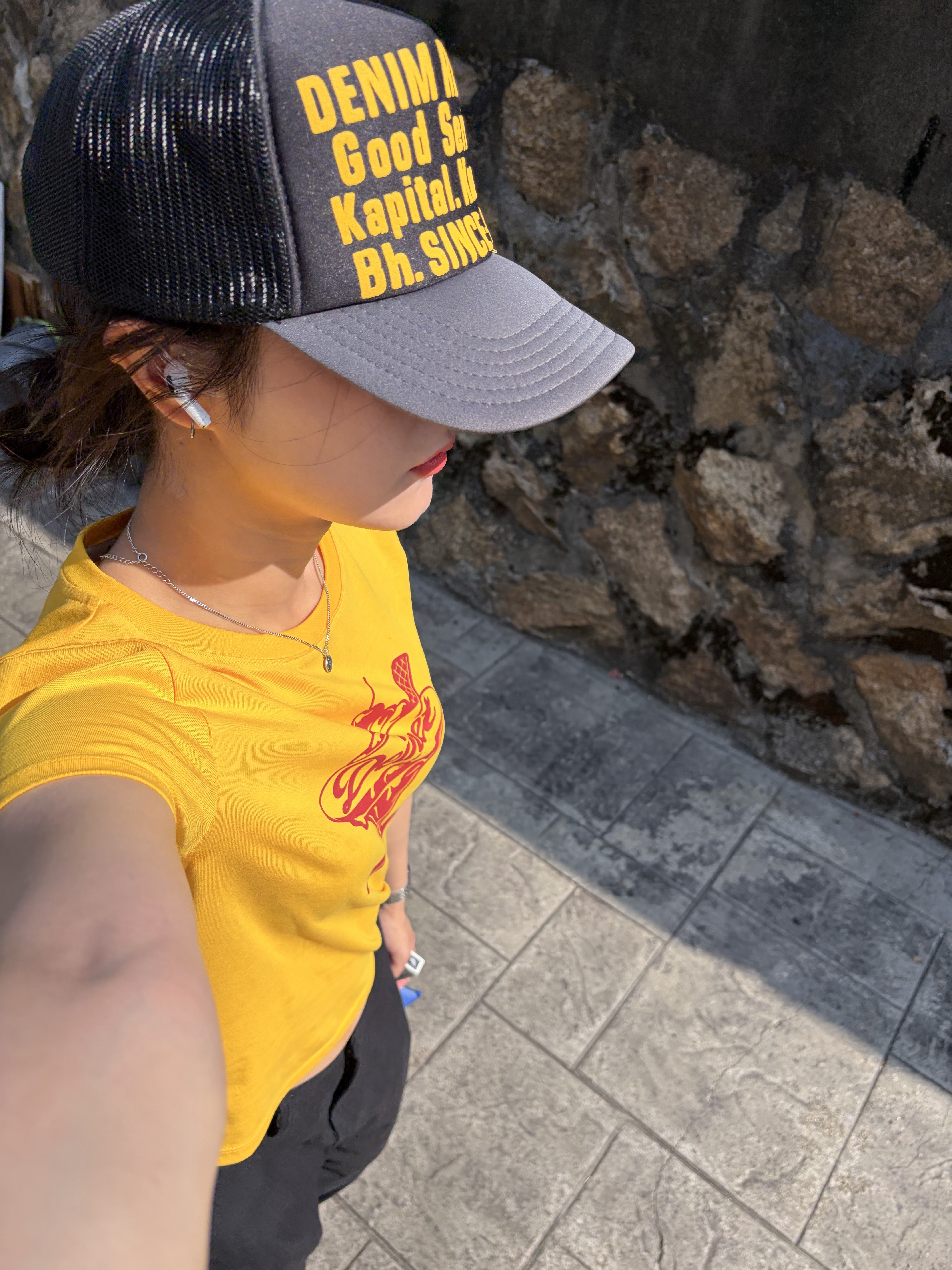 Kapital Denim Repair Track Cap Black Gray 착용 스타일
