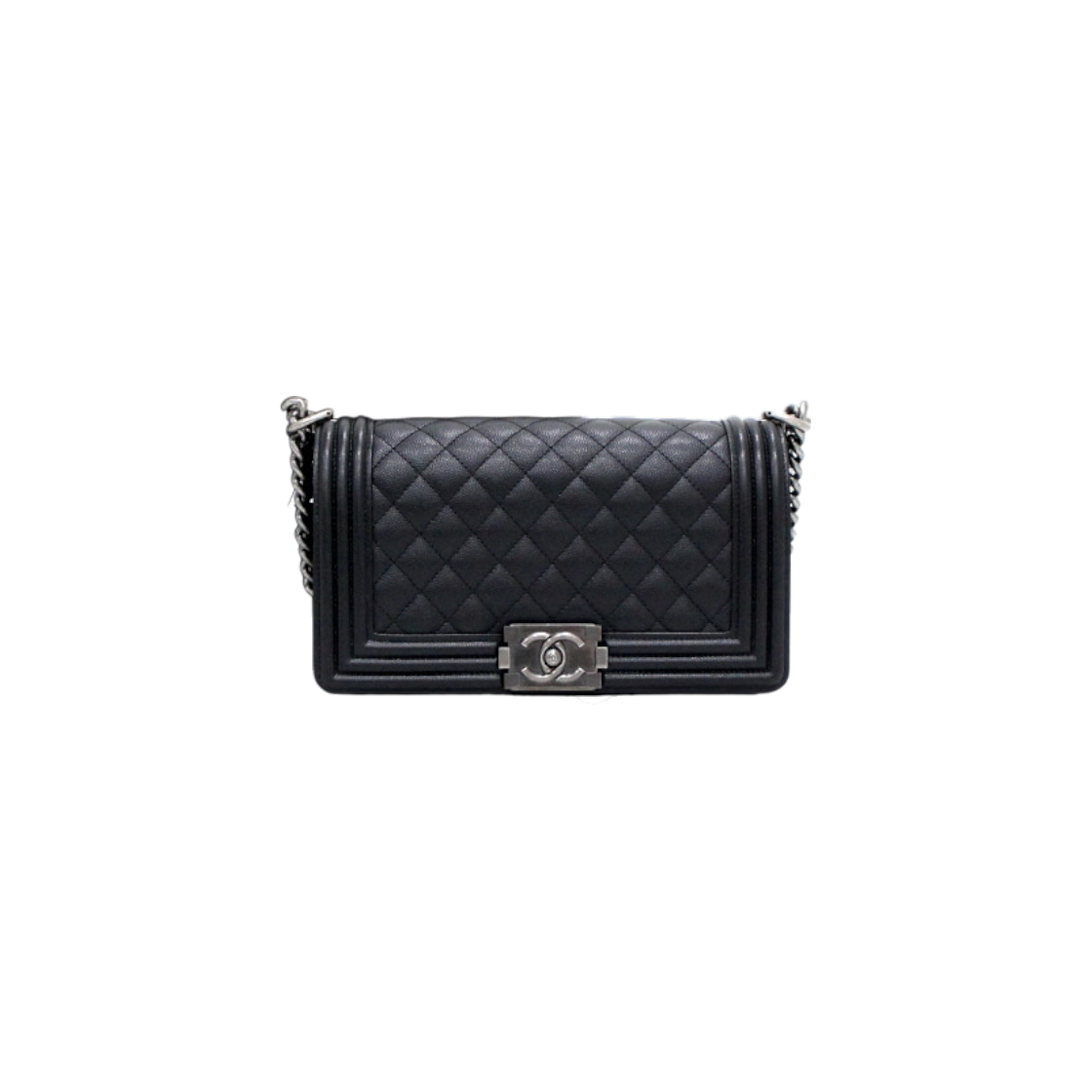 ITICMTFLW2KO Chanel Boy Chanel Caviar Medium Flap Silver Chain Shoulder Bag