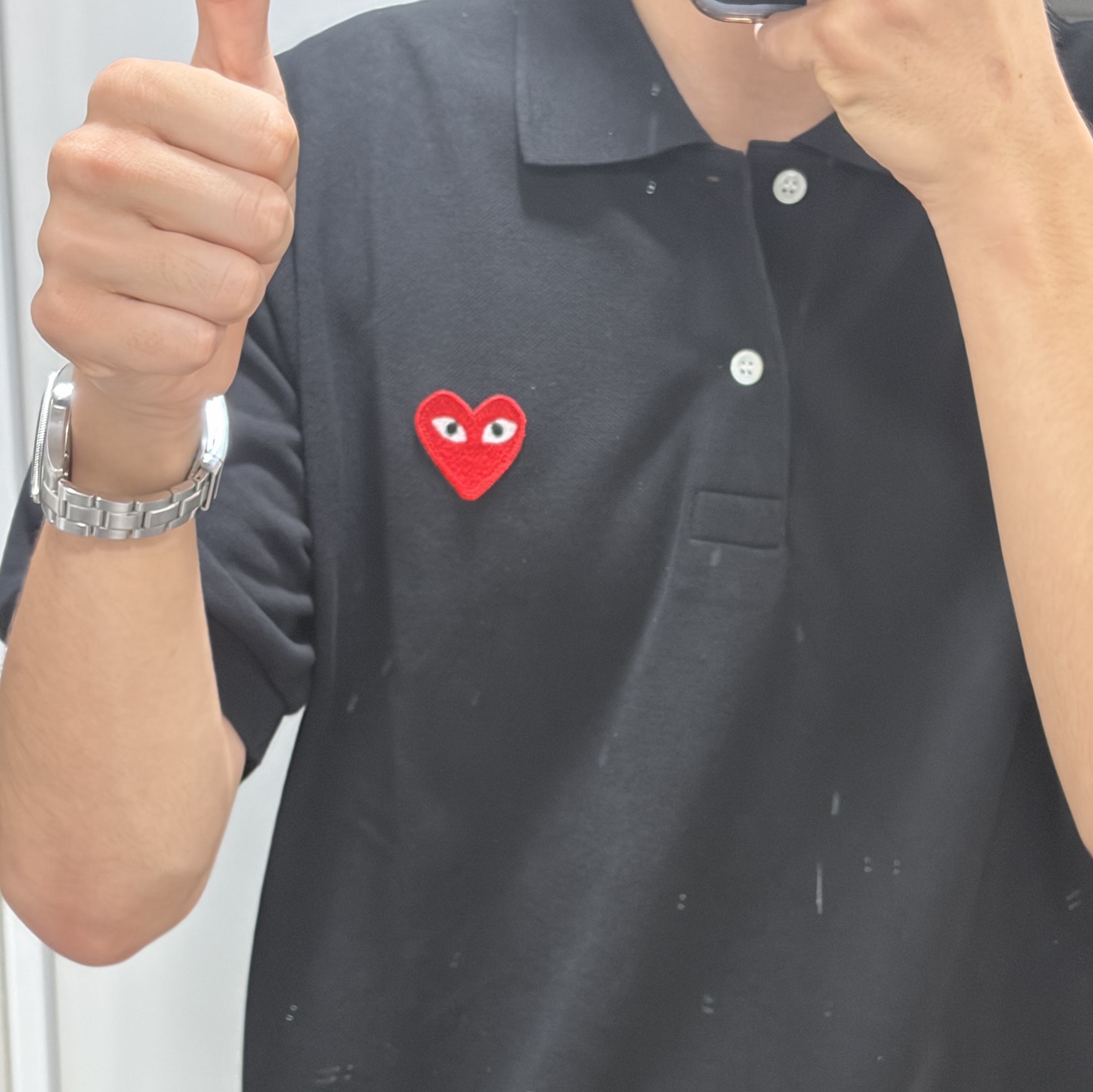 Play Comme des Garcons Red Heart Polo Shirt Black 착용 스타일