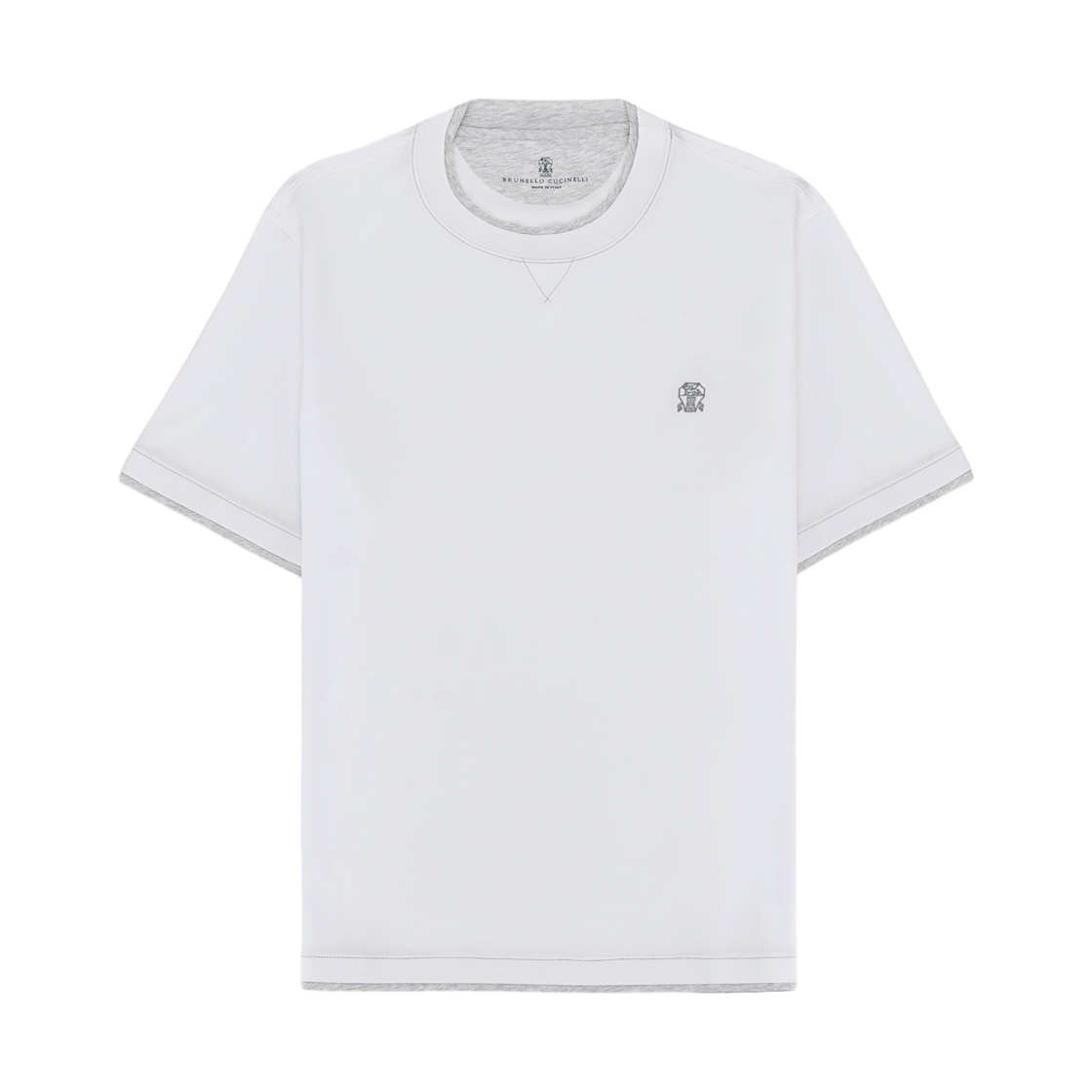 M0B137451G-CW787 Brunello Cucinelli Cotton Jersey Crewneck T-Shirt with Logo and Faux Layering White