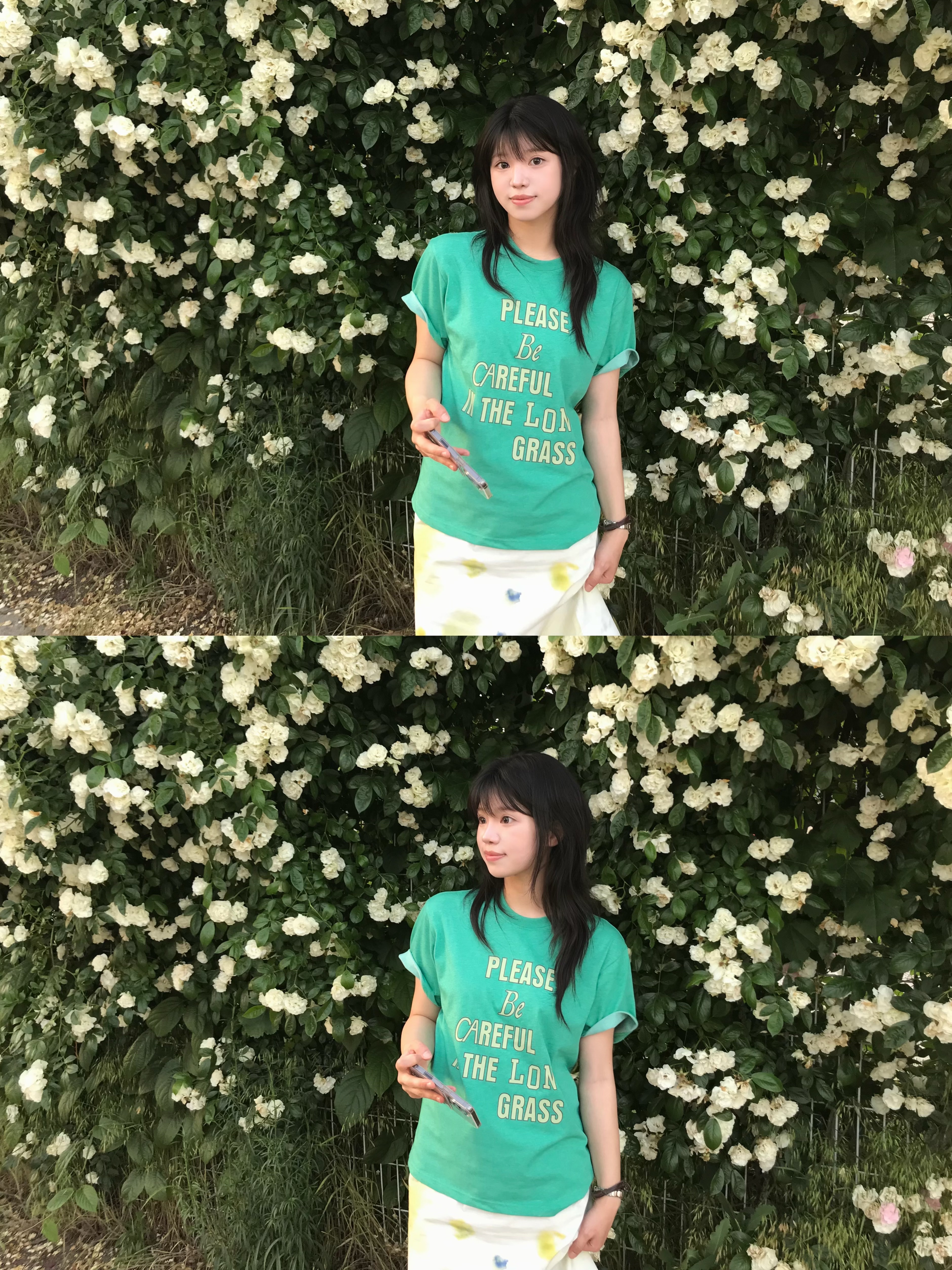 [더블적립] sunlovetour Rough Sign Tee Heather Green 착용 스타일 - 1