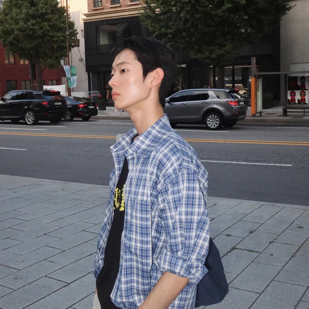 Blue Sunflower Formal Checkered Shirt Mid Blue 착용 스타일 - 1