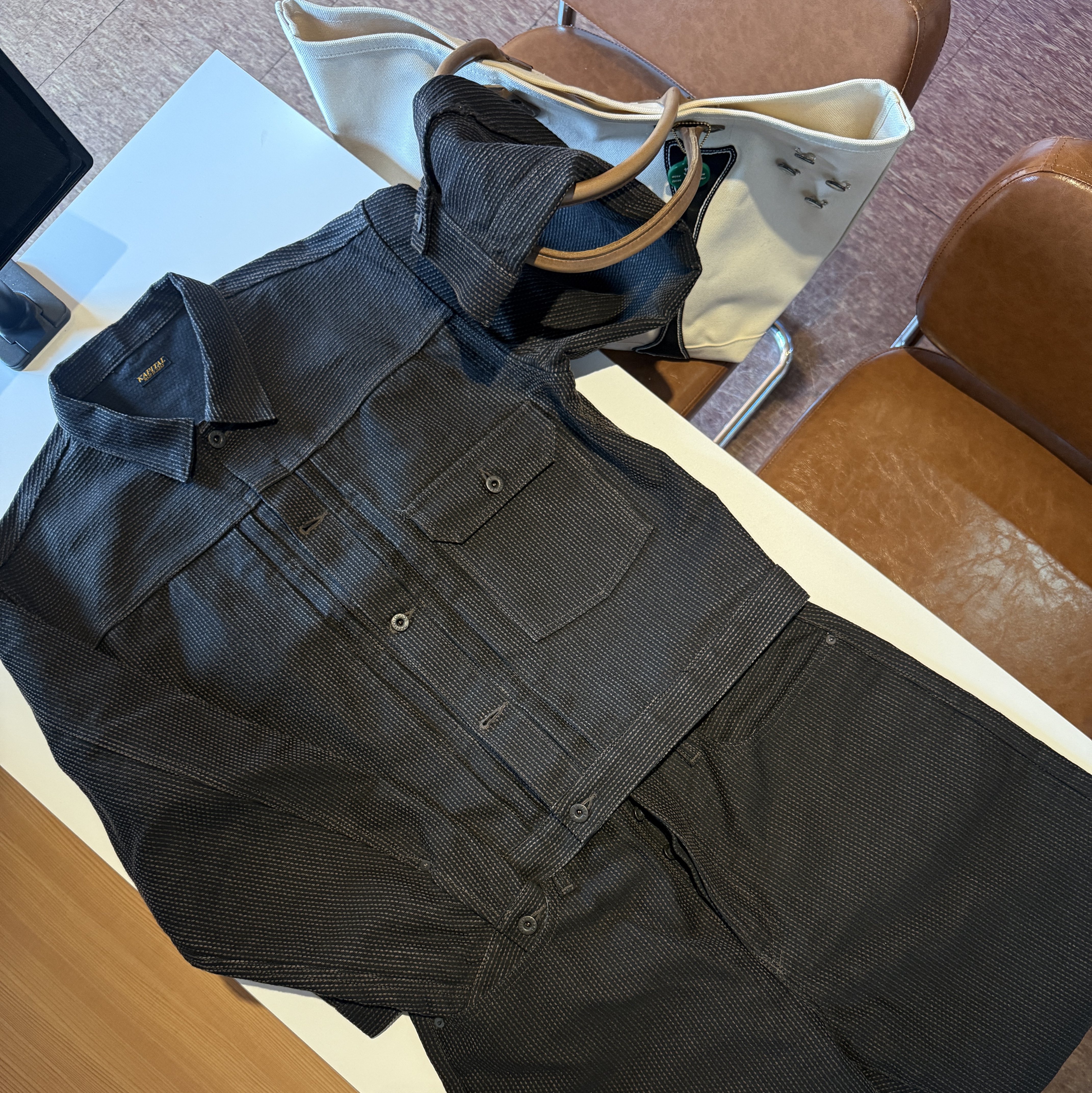 Kapital Katsuragi High Waist Neem Pants Khaki, Kapital 20 Tenjiku Burning Piano Crew T-Shirt Black White 착용 스타일 - 2