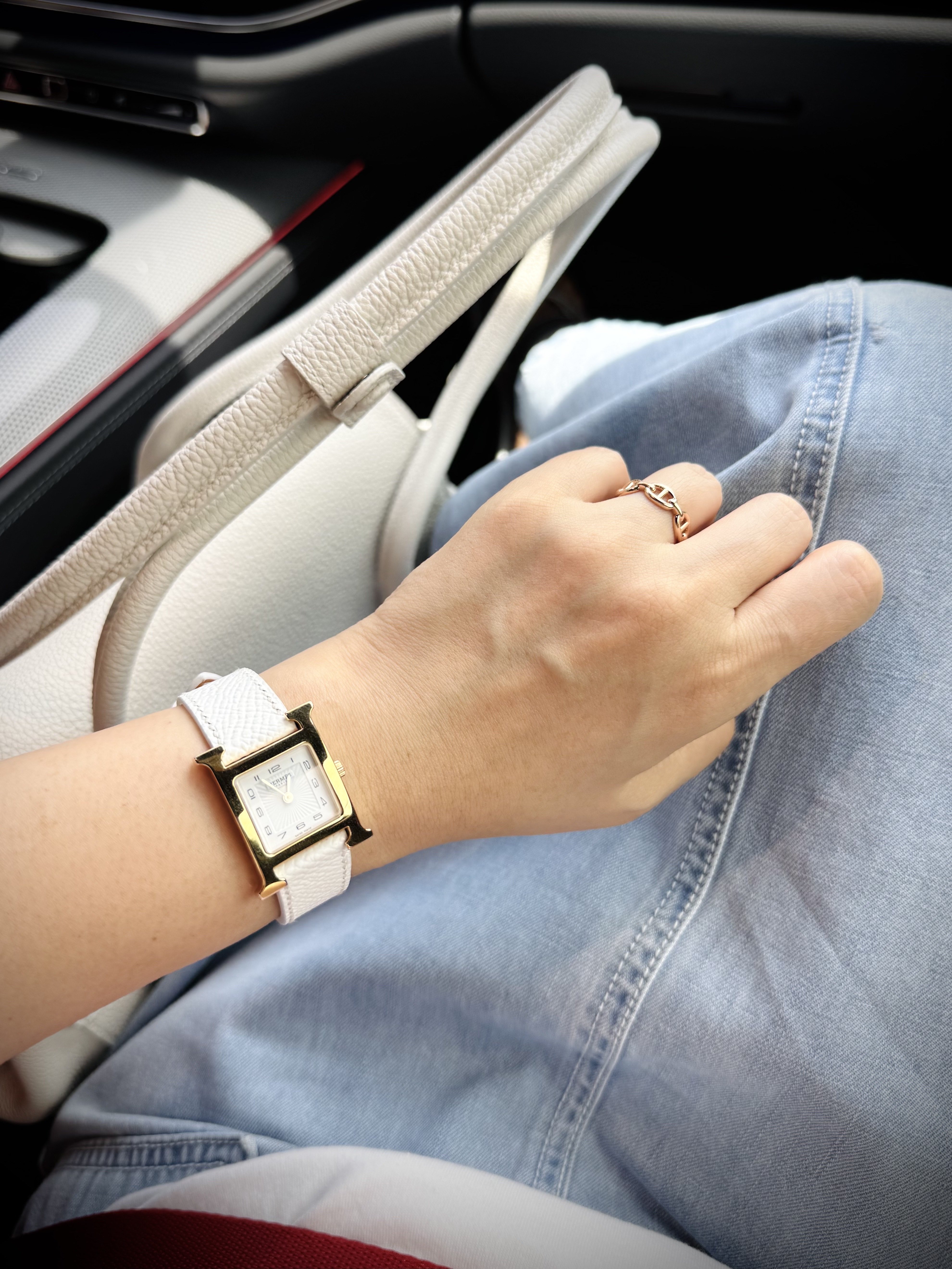 Hermes Heure H Watch Small Gold Epsom Strap & Yellow Gold Steel, (W) Hermes Small Chaine D'Ancre Enchainee Ring Rose Gold 착용 스타일
