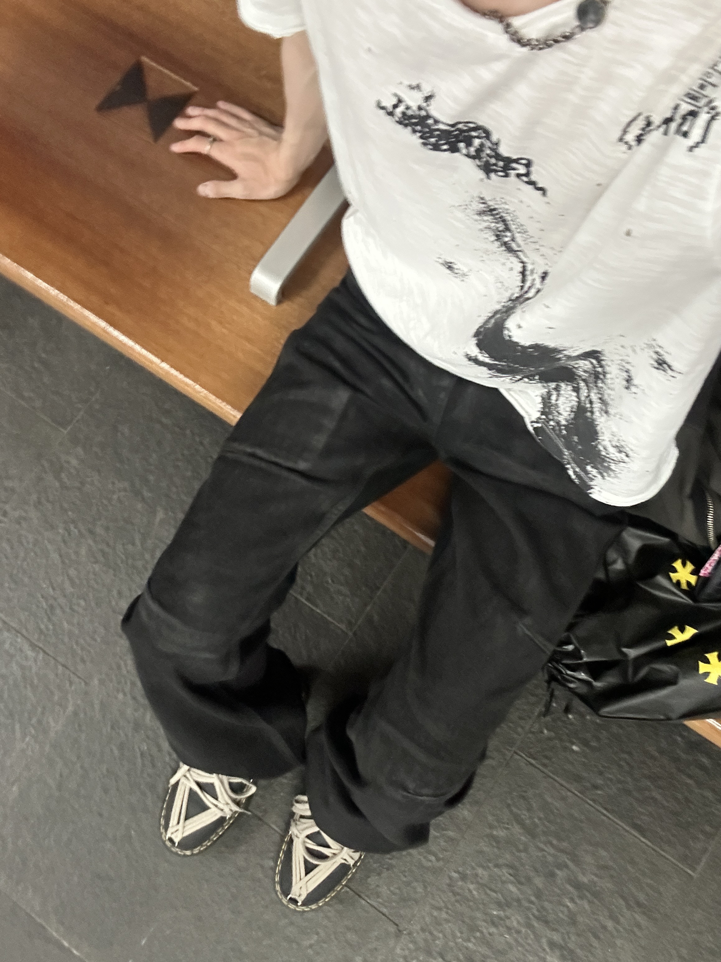 smallstupidtunes Waxed Flare Denim Pants Black, Dr. Martens x Rick Owens 1460 Quad Sole Mega Lace Boots Black 착용 스타일