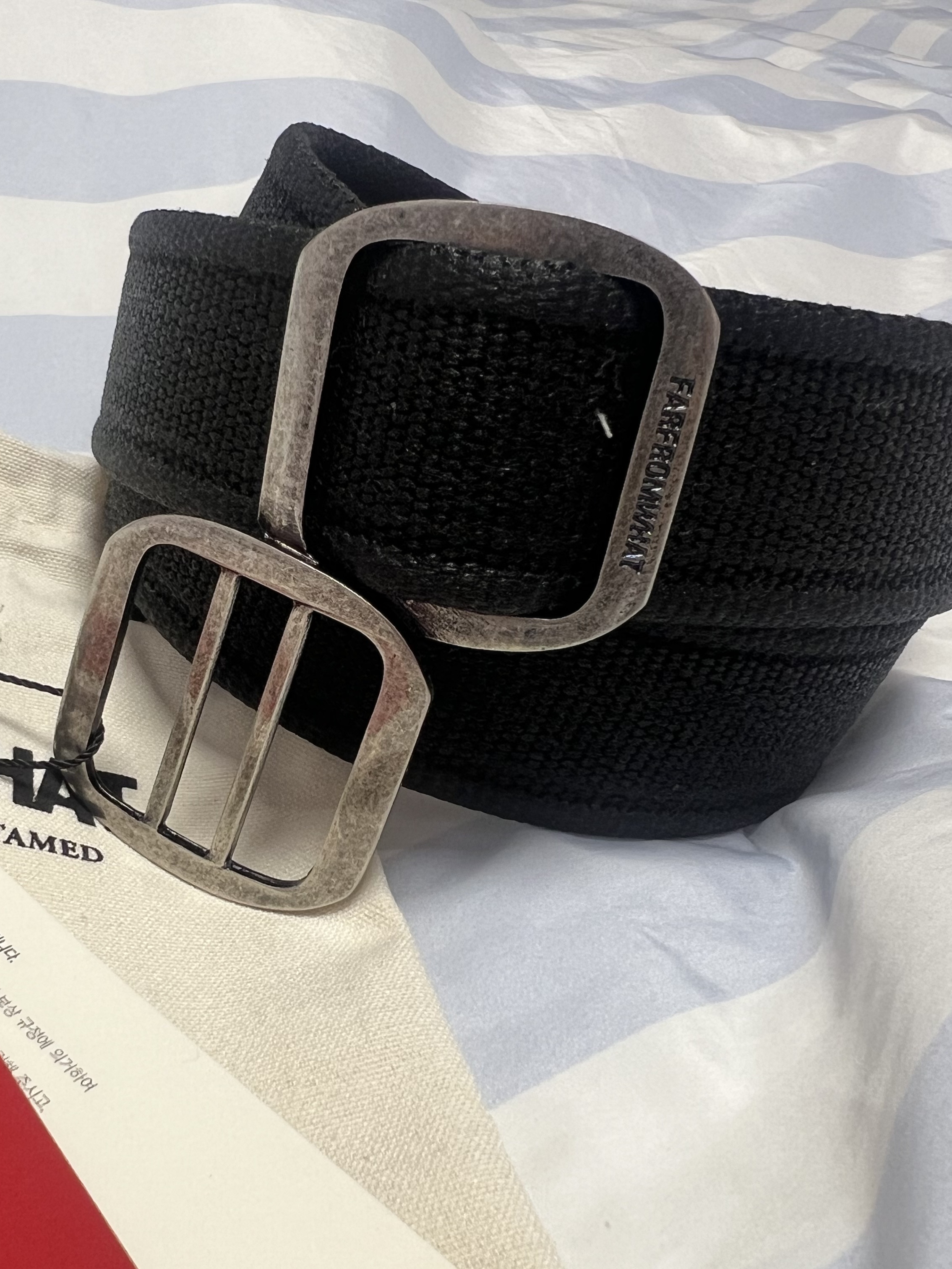 Farfromwhat Coated Double Buckle Woven Belt, MJD Wave Logo Polo Black 착용 스타일 - 5