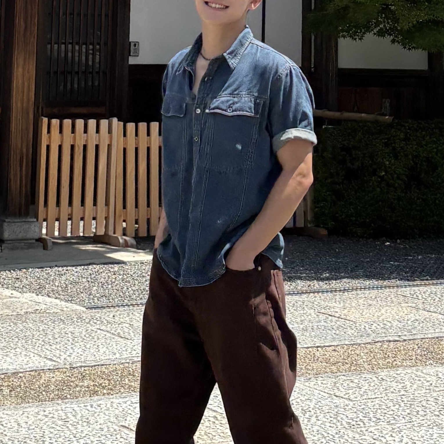 Millo Archive Two Pocket Denim Half Shirts Fade Blue, Millo Archive Slope Wide Pants Deep Brown 착용 스타일