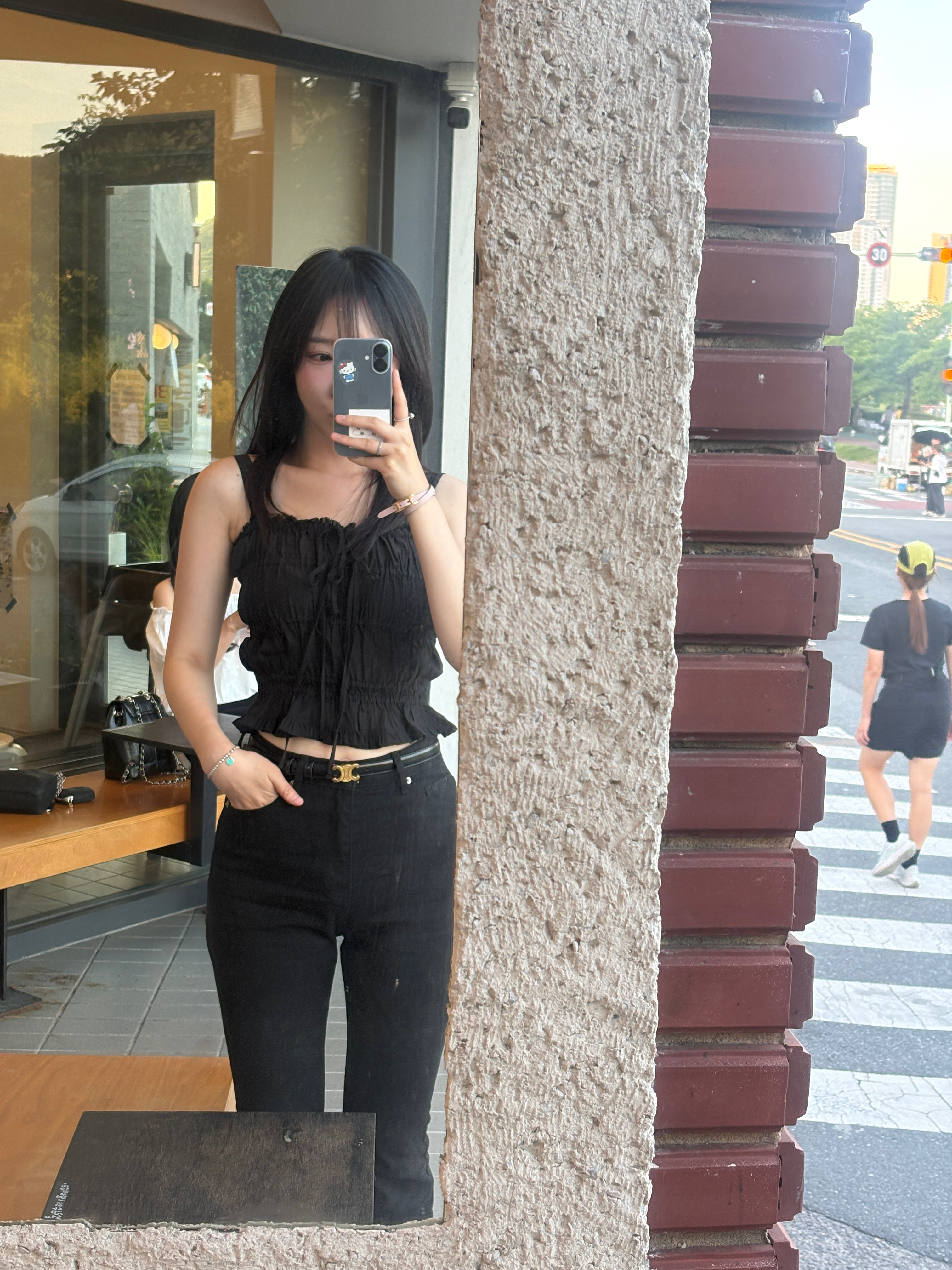 (W) Celine Small Triomphe Belt in Smooth Calfskin Black, Prada Re-Edition 2005 Re-Nylon Shoulder Bag Black 착용 스타일 - 1