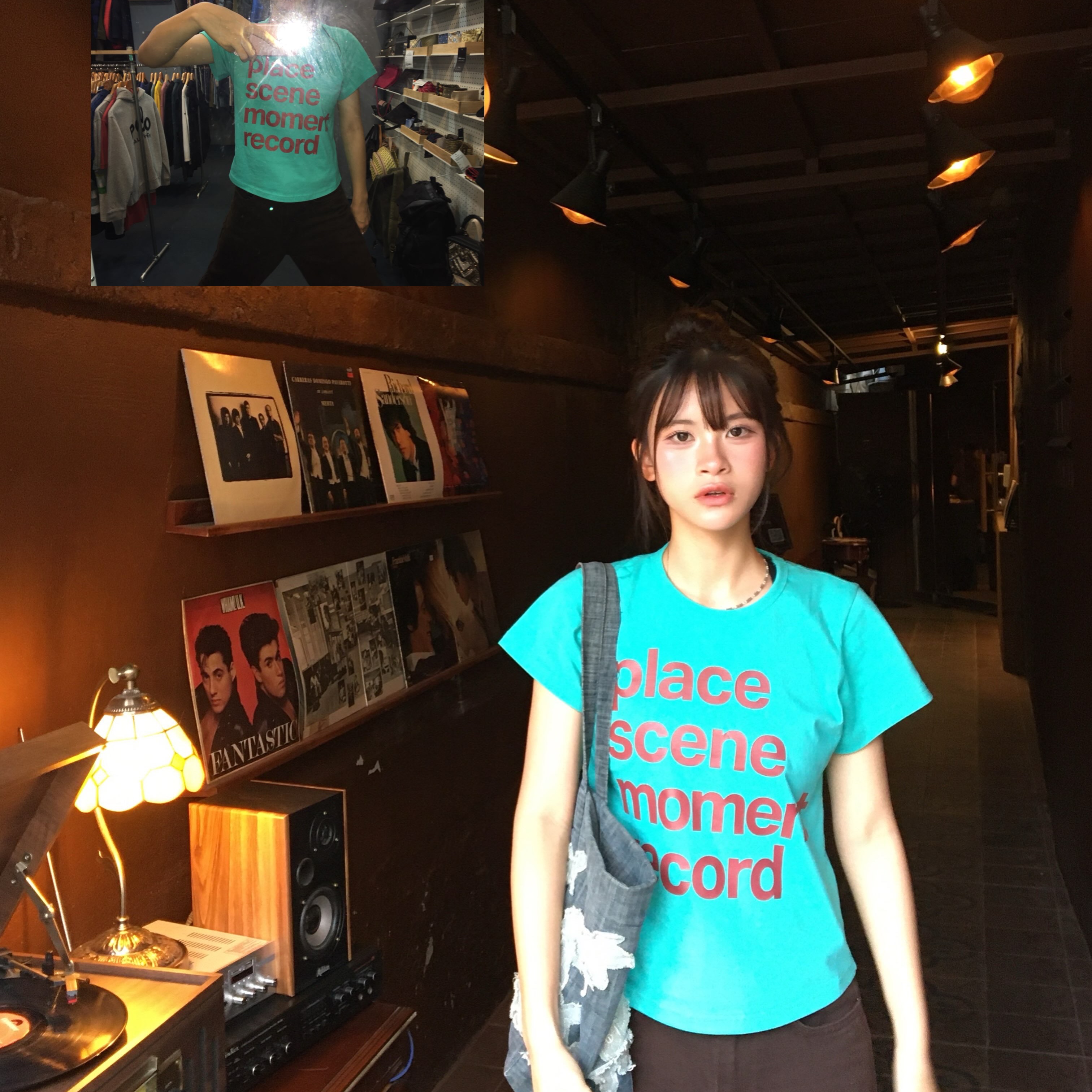 SLOW RECORD HOUSE Archive Typo T-Shirt Mint 착용 스타일 - 1