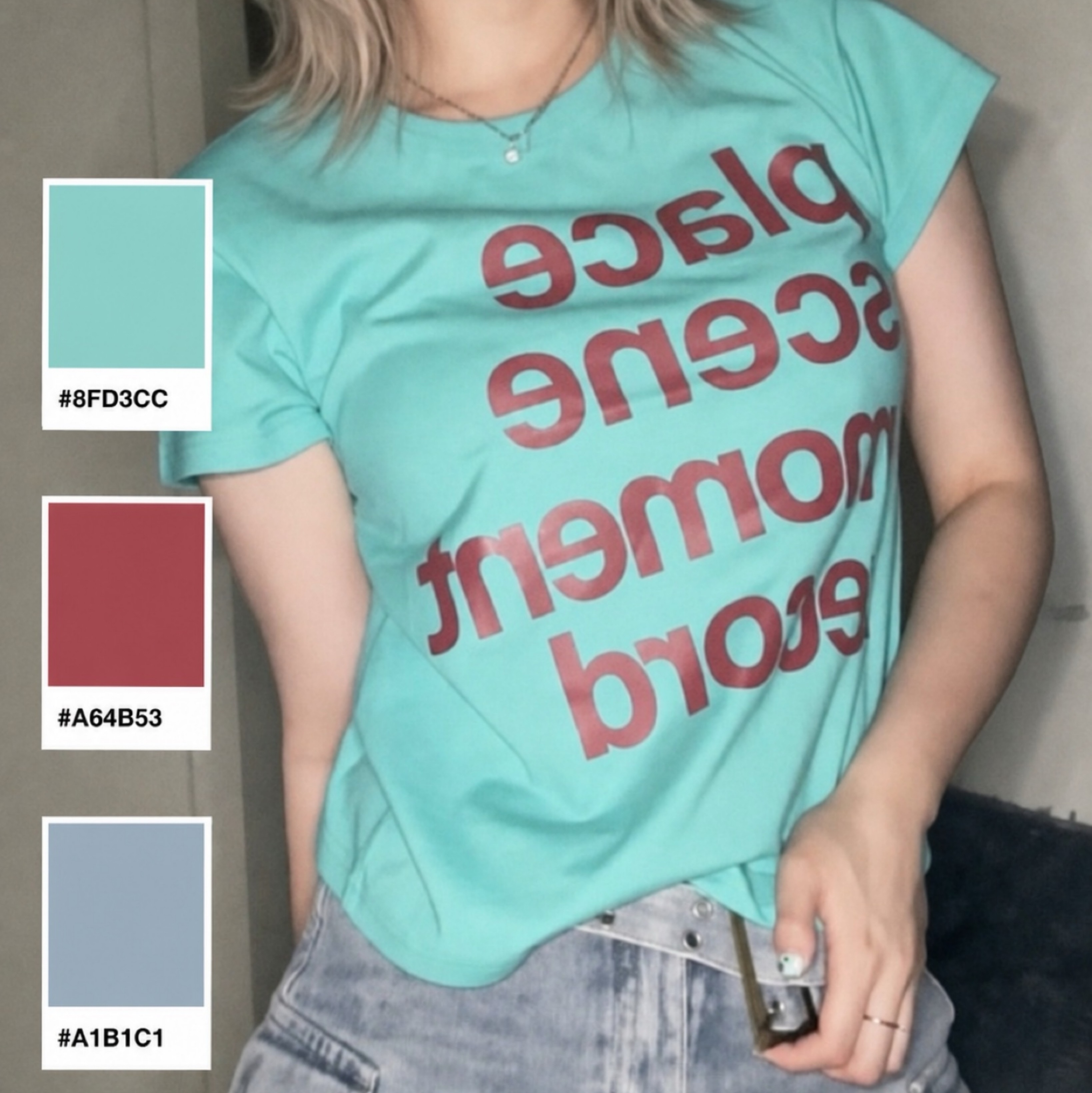 SLOW RECORD HOUSE Archive Typo T-Shirt Mint 착용 스타일 - 3