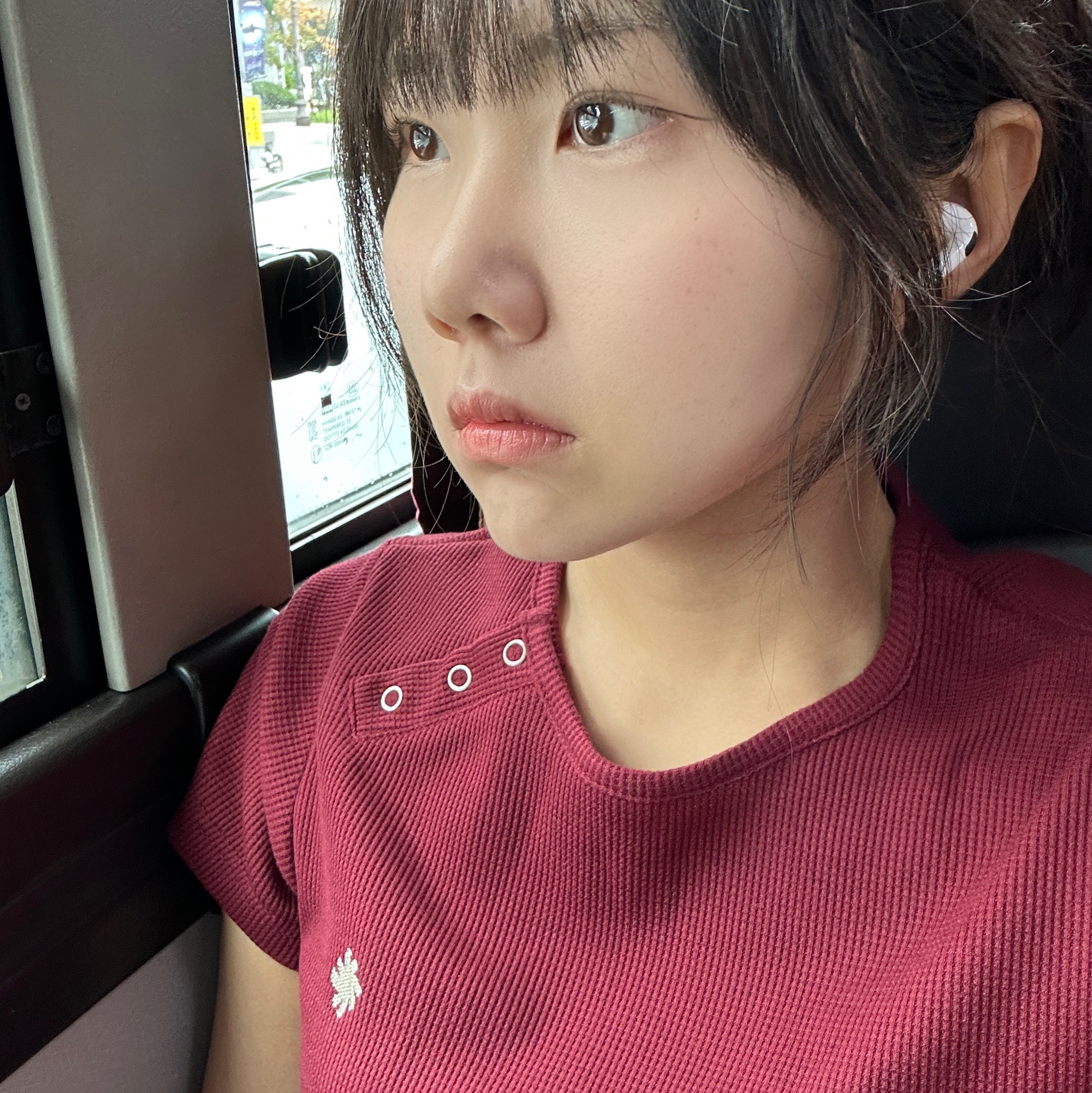 SLOW RECORD HOUSE Henley Neck Eyelet T-Shirt Burgundy 착용 스타일 - 1