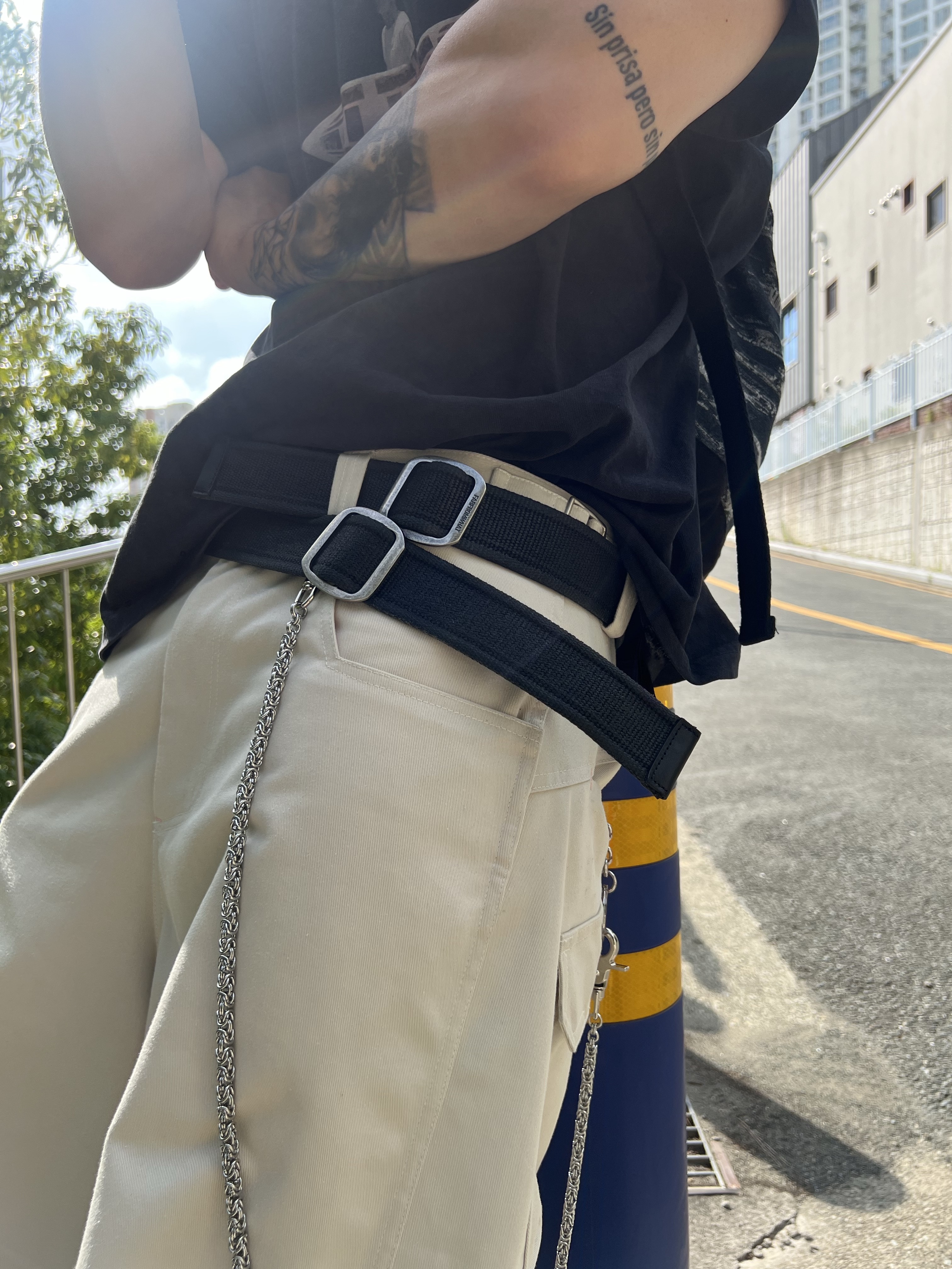 Farfromwhat Coated Double Buckle Woven Belt, Kamien 247 All day Baggy Pants Light Beige 착용 스타일 - 9