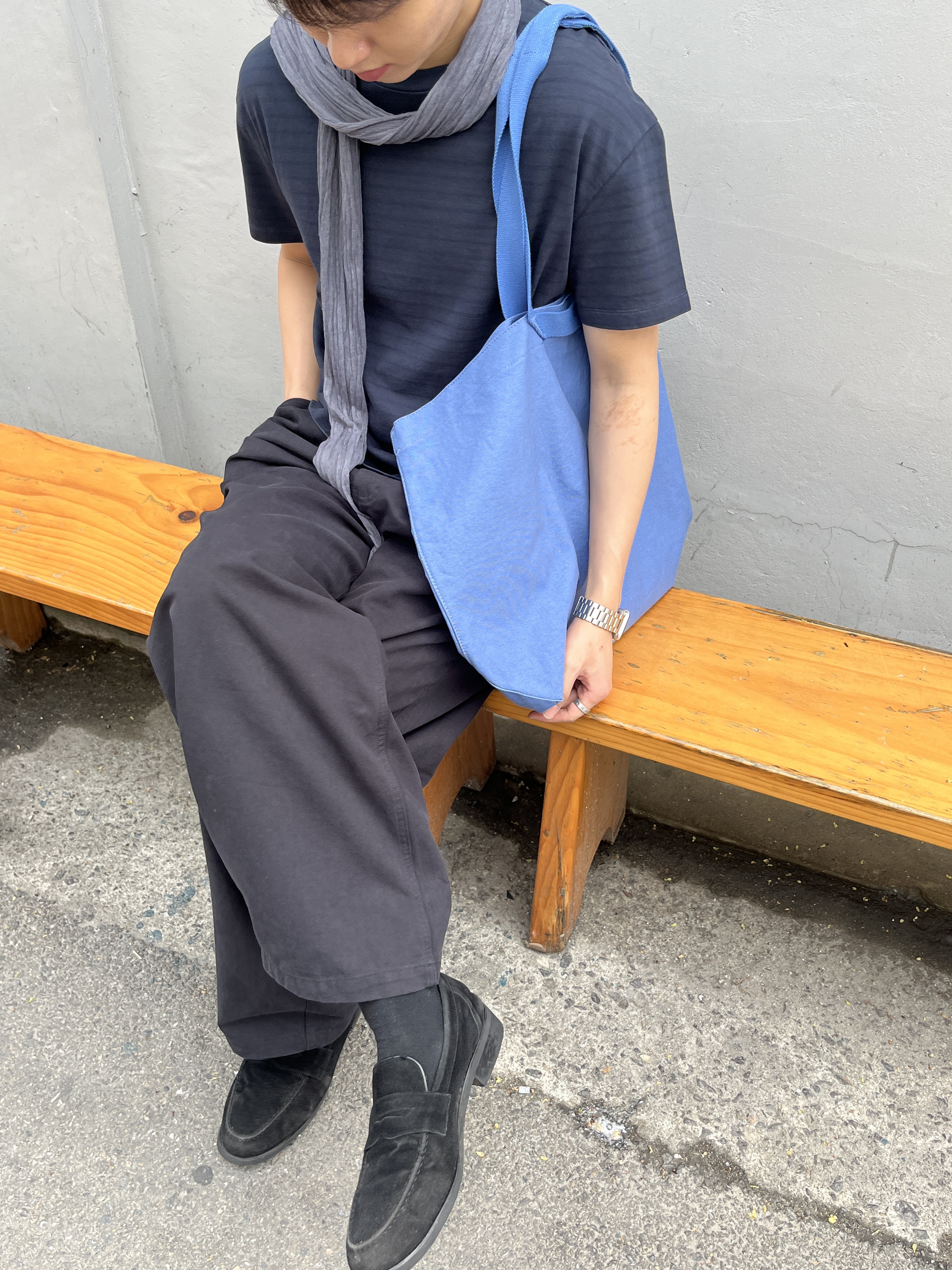 Millo Archive Para Dyeing Stripe T-Shirt Navy, Millo Archive Para Dyeing Stripe T-Shirt Green Blue 착용 스타일 - 5