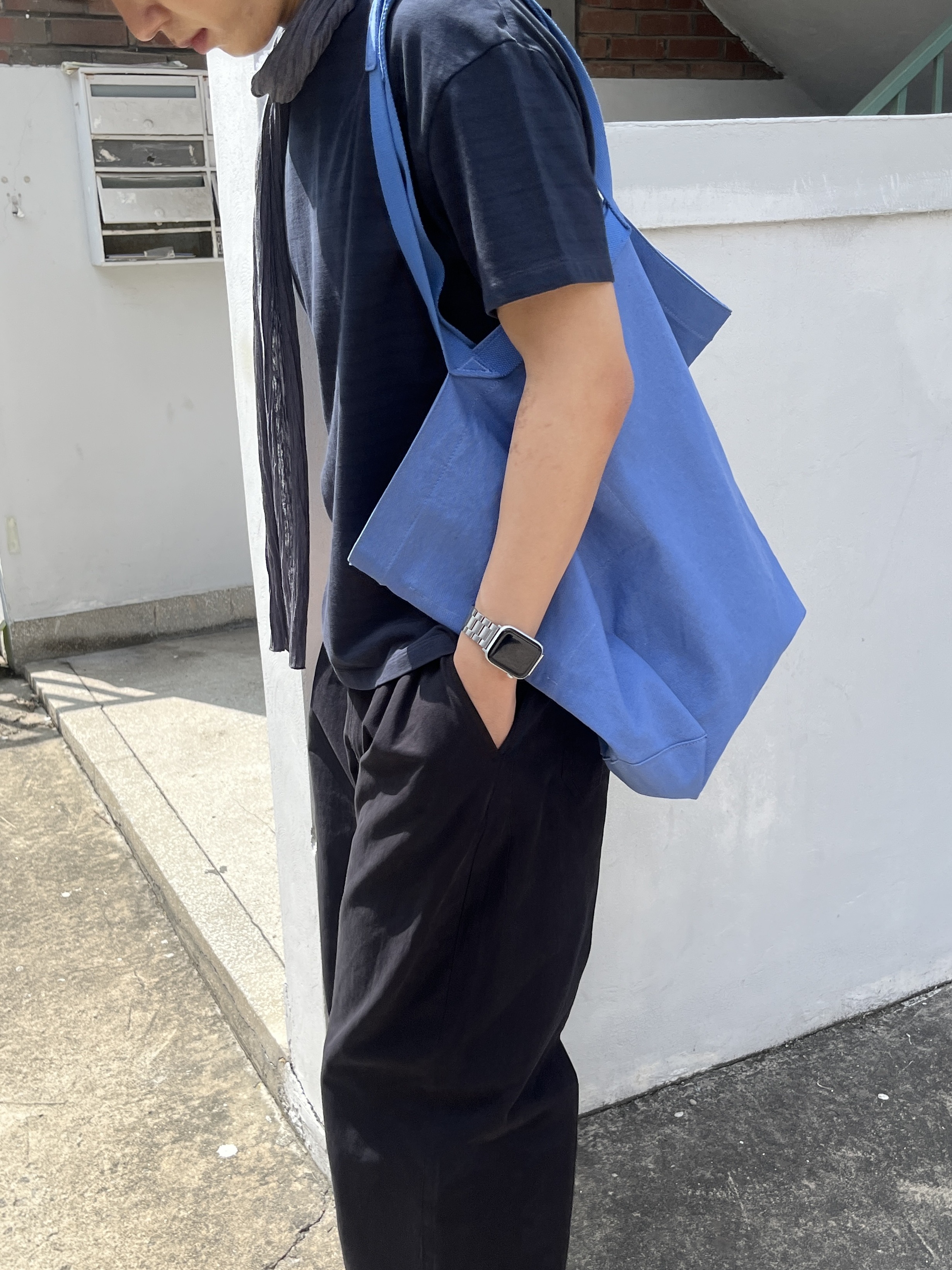 Millo Archive Para Dyeing Stripe T-Shirt Navy, Millo Archive Para Dyeing Stripe T-Shirt Green Blue 착용 스타일 - 4