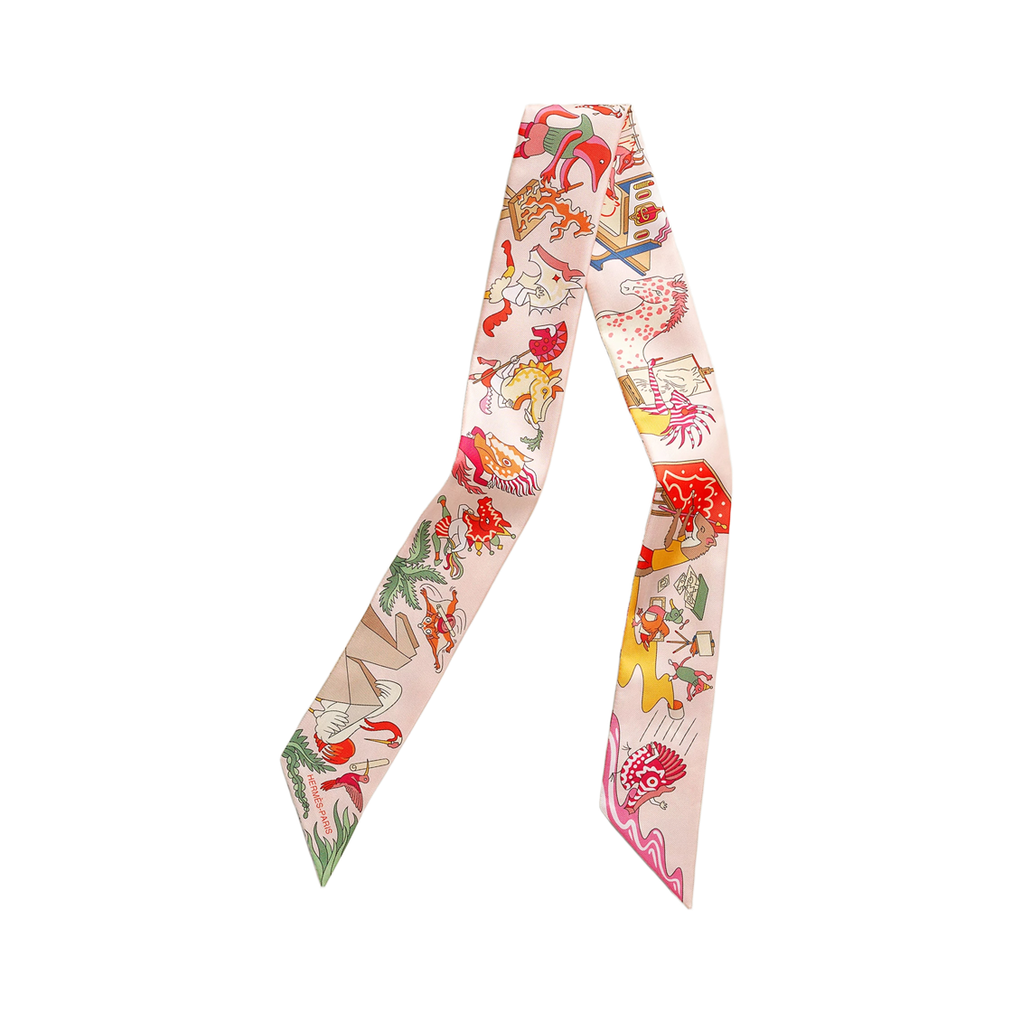 H064281S01 (W) Hermes Academia Hippica Twilly Silk & Rose Nacre Vert Amand Multicolore