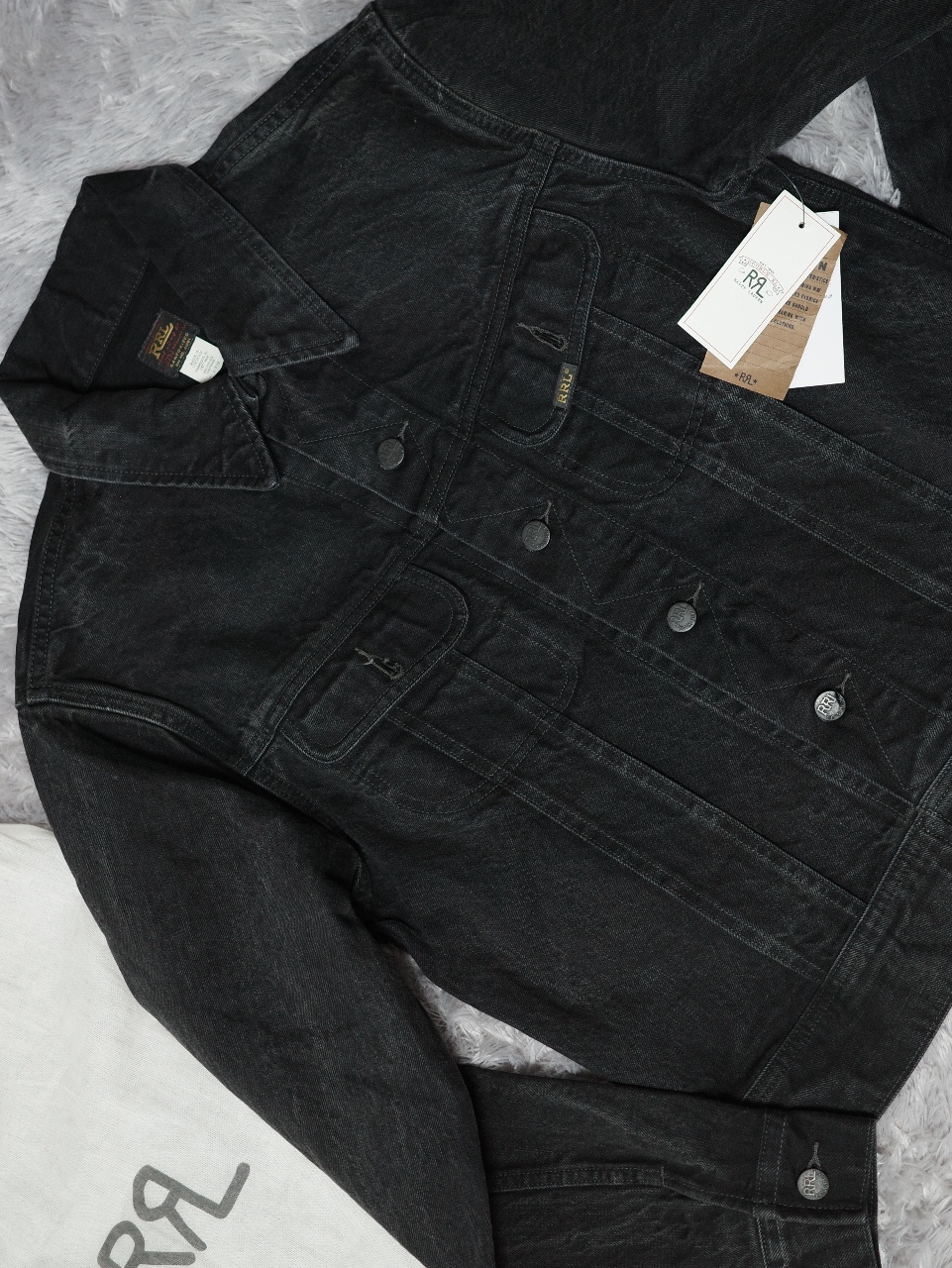 Double RL Denim Trucker Jacket Black 착용 스타일 - 3