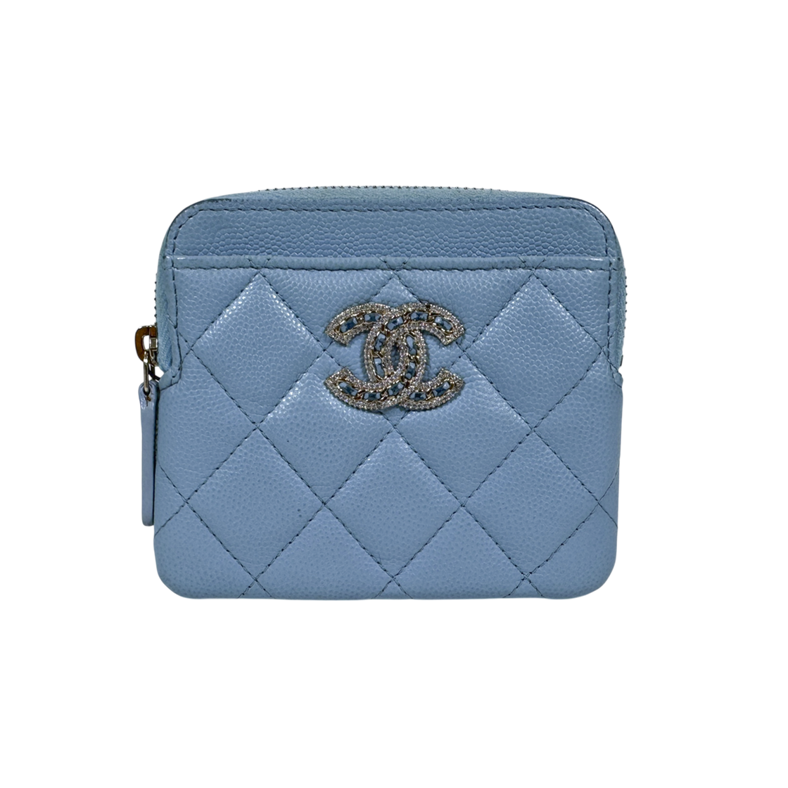 IT6HJNLMUKS7 Chanel Caviar 19 Crystal CC Logo Zip Coin Card Wallet Blue AP2741