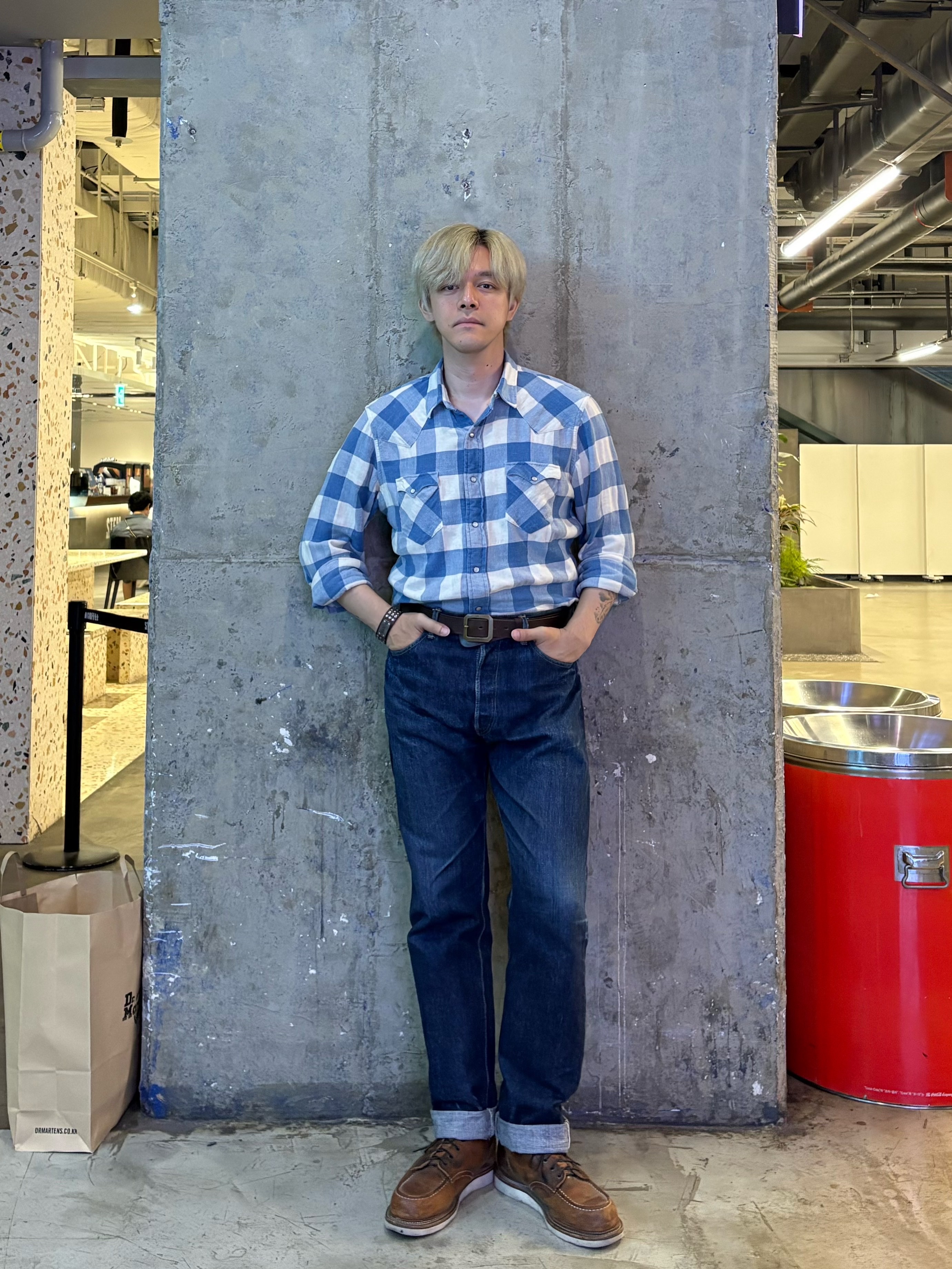 Double RL Slim Fit Plaid Twill Western Shirt Indigo Cream, Orslow 105 Standard Selvedge Denim One Wash - 25SS 착용 스타일 - 2