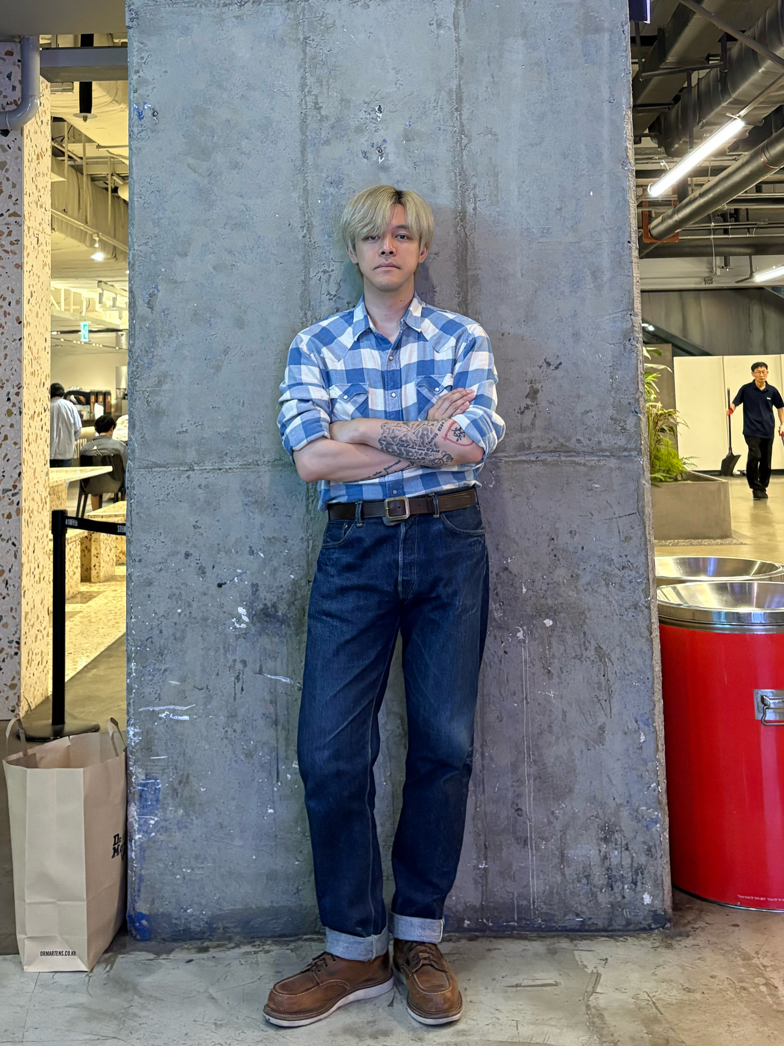 Double RL Slim Fit Plaid Twill Western Shirt Indigo Cream, Orslow 105 Standard Selvedge Denim One Wash - 25SS 착용 스타일 - 1