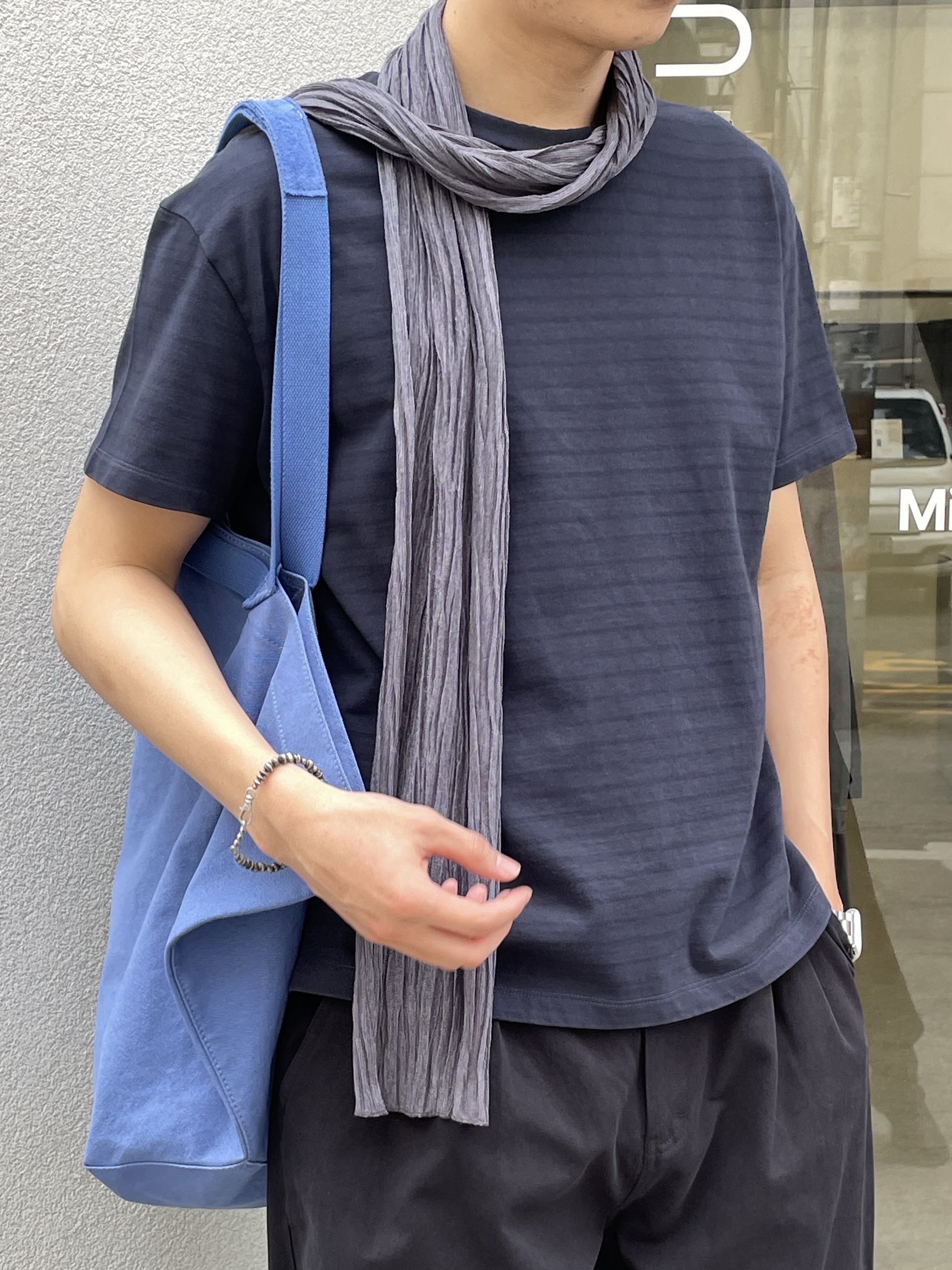 Millo Archive Para Dyeing Stripe T-Shirt Navy, Millo Archive Para Dyeing Stripe T-Shirt Green Blue 착용 스타일 - 2