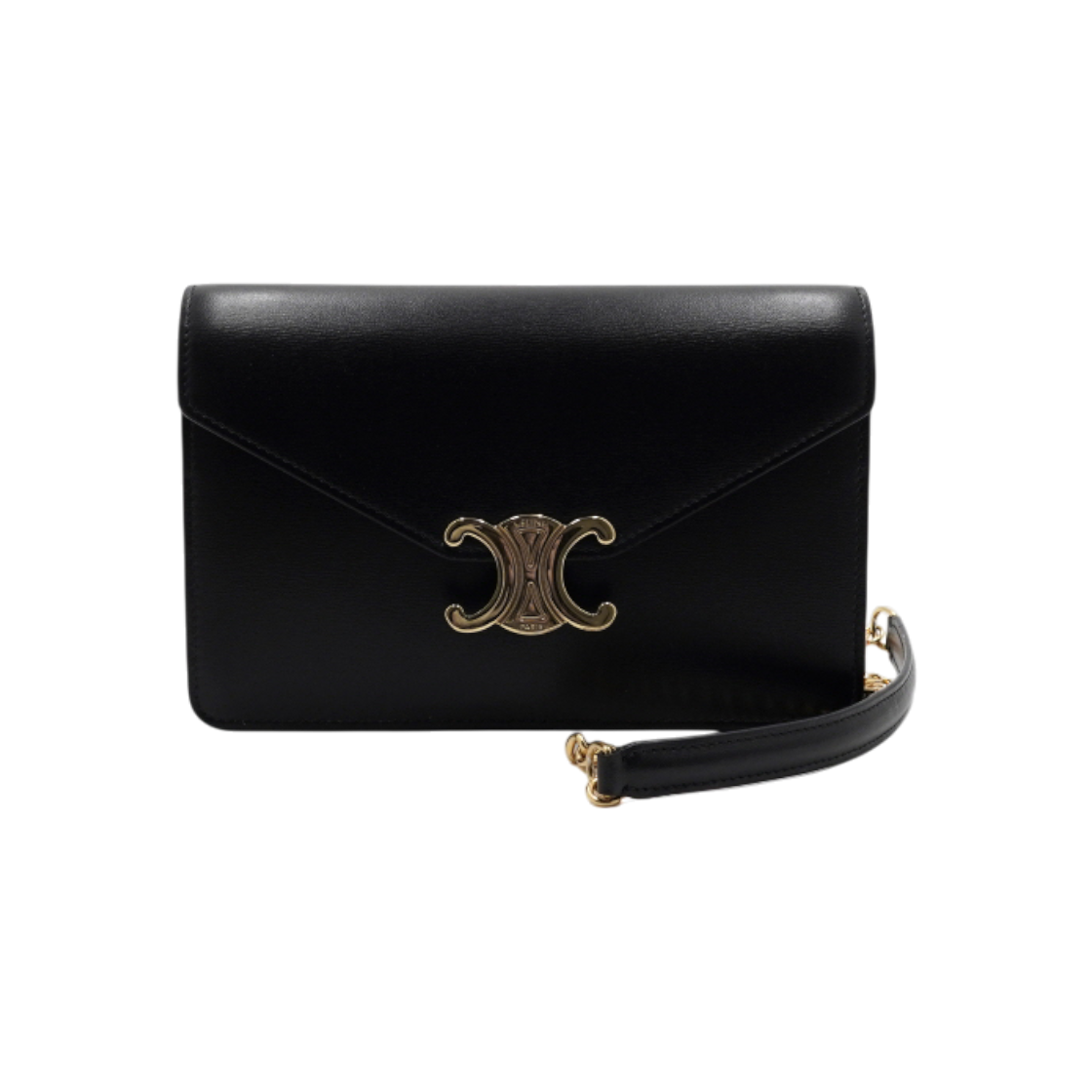 ITR6EINLSMQV Celine Black Shiny Calfskin Triope Margo Gold Hardware WOC Crossbody Bag