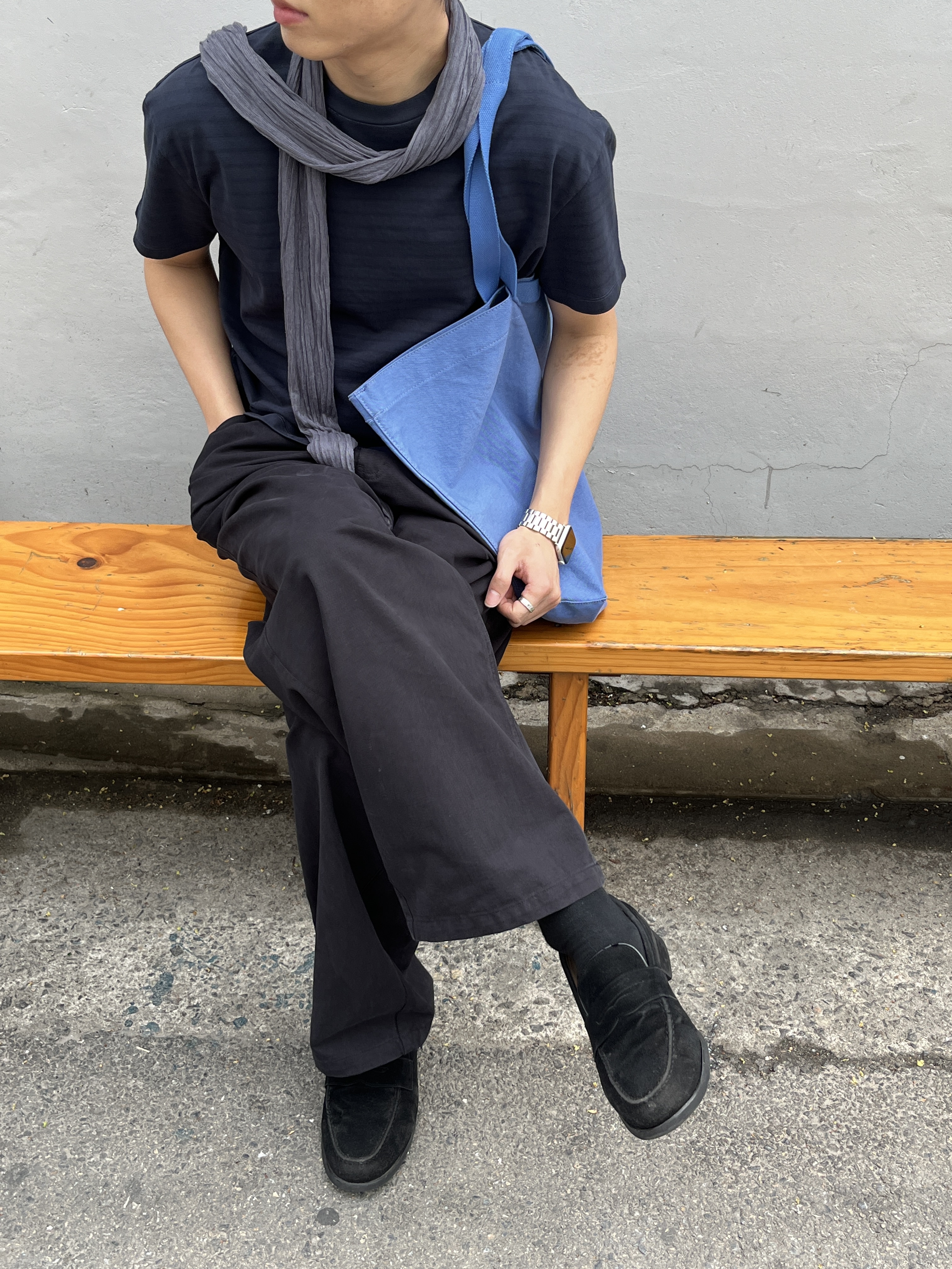 Millo Archive Para Dyeing Stripe T-Shirt Navy, Millo Archive Para Dyeing Stripe T-Shirt Green Blue 착용 스타일 - 3