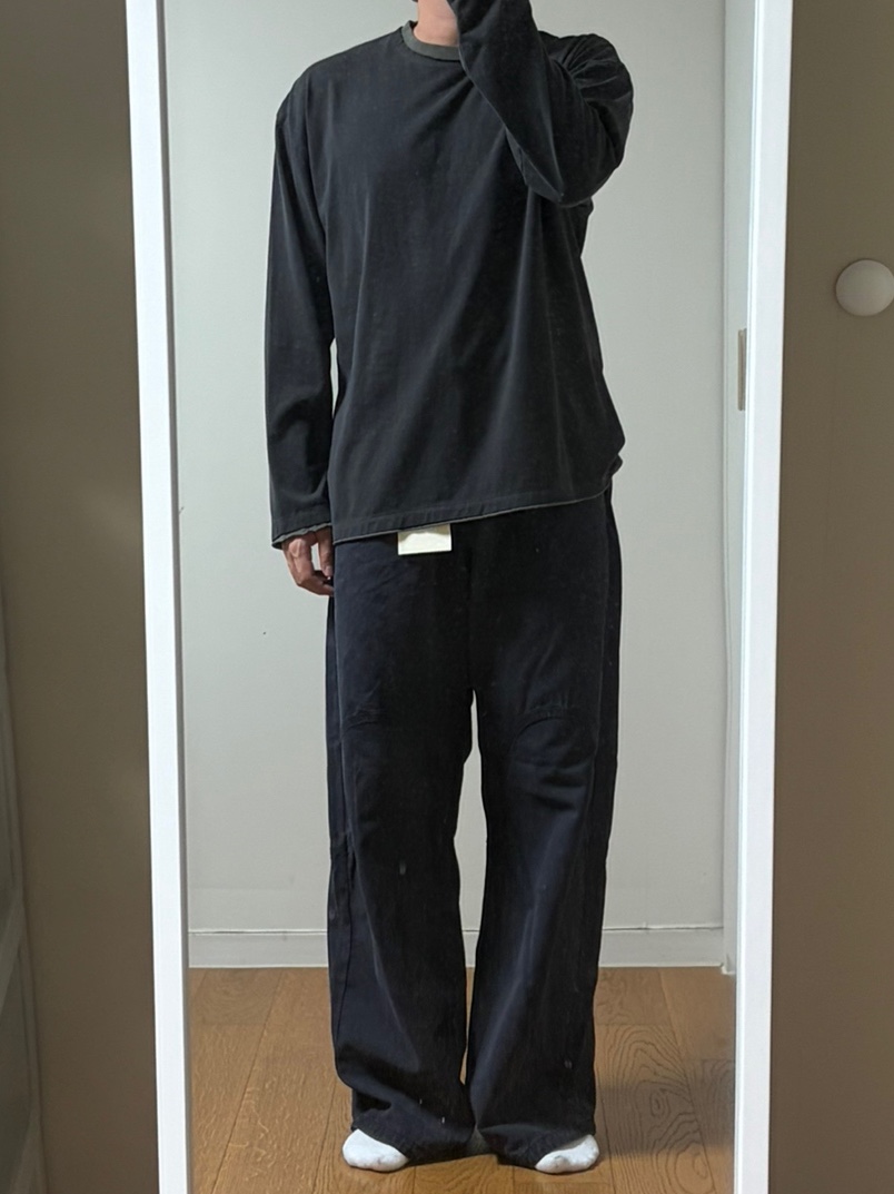 Polyteru Flame Pants Washed Navy 착용 스타일