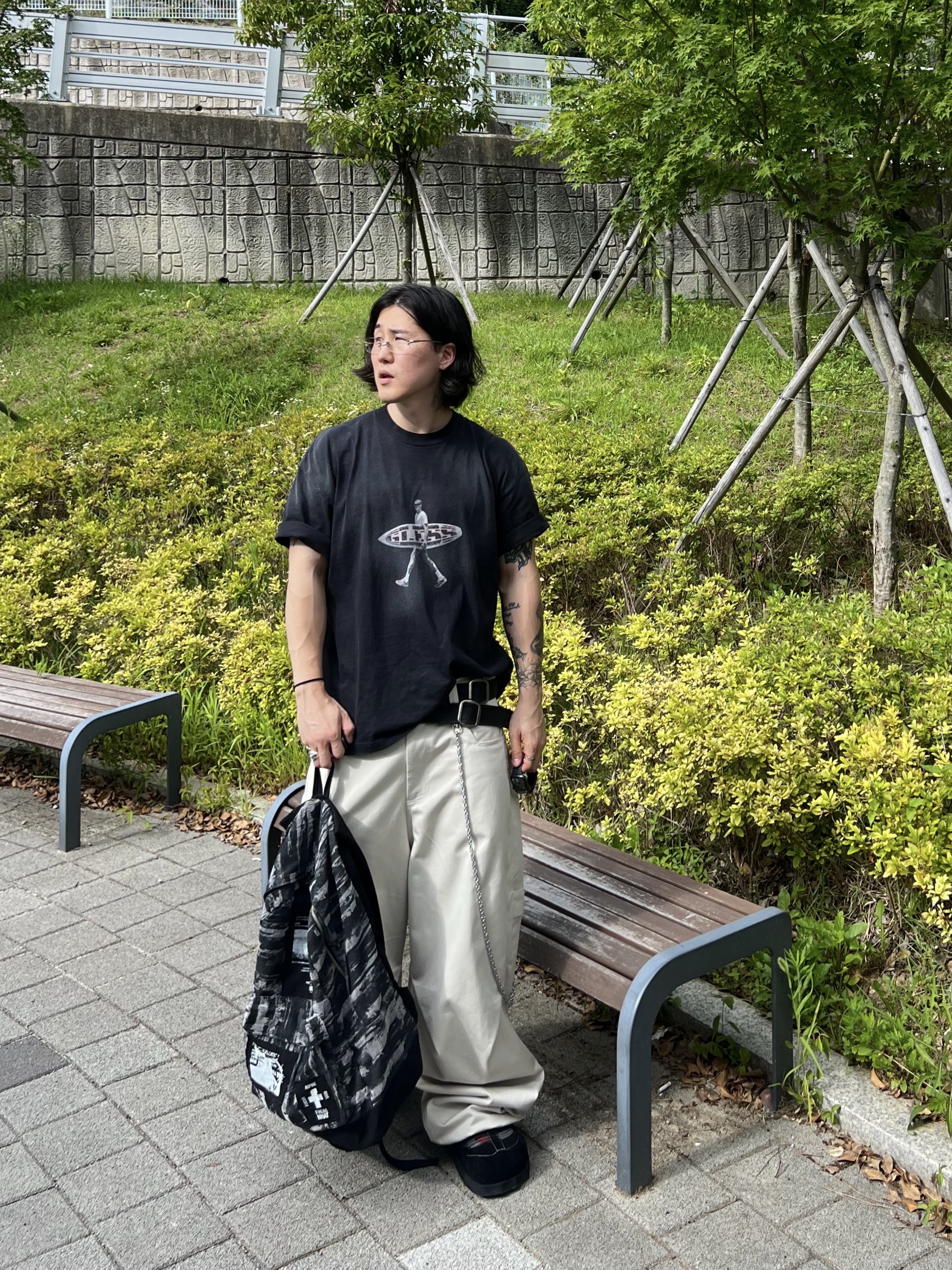 Farfromwhat Coated Double Buckle Woven Belt, Kamien 247 All day Baggy Pants Light Beige 착용 스타일 - 5