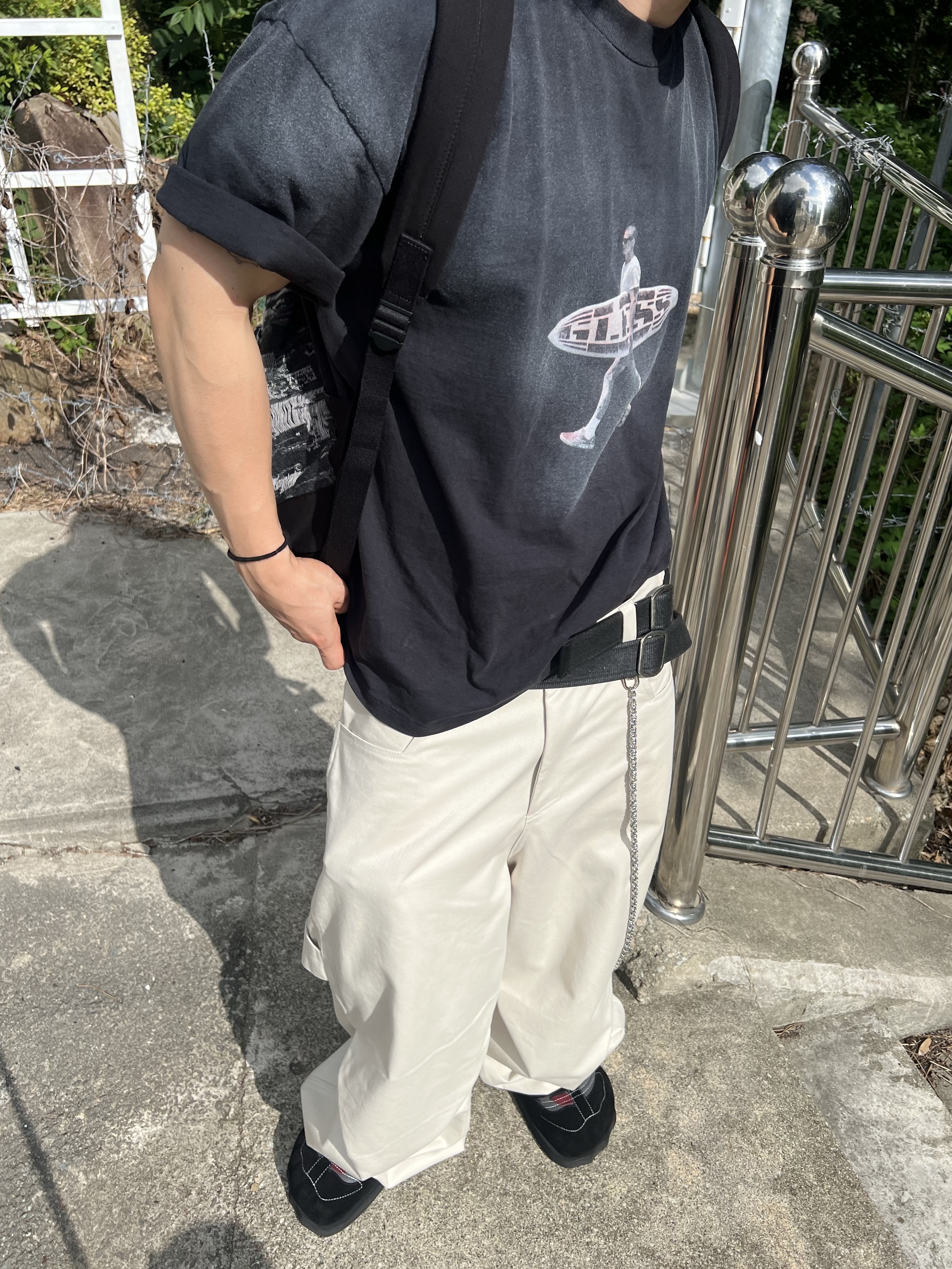 Farfromwhat Coated Double Buckle Woven Belt, Kamien 247 All day Baggy Pants Light Beige 착용 스타일 - 3