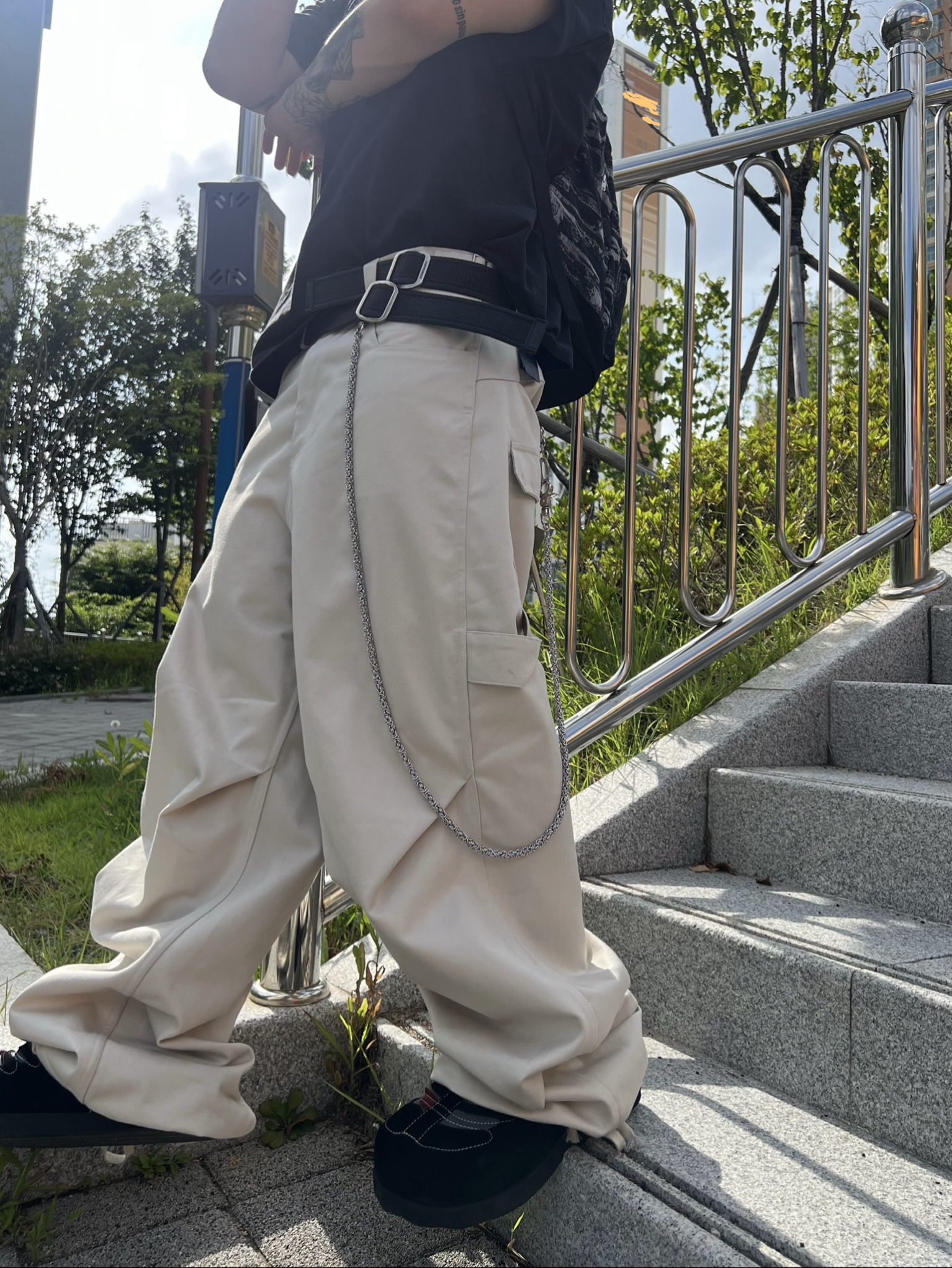 Farfromwhat Coated Double Buckle Woven Belt, Kamien 247 All day Baggy Pants Light Beige 착용 스타일 - 7