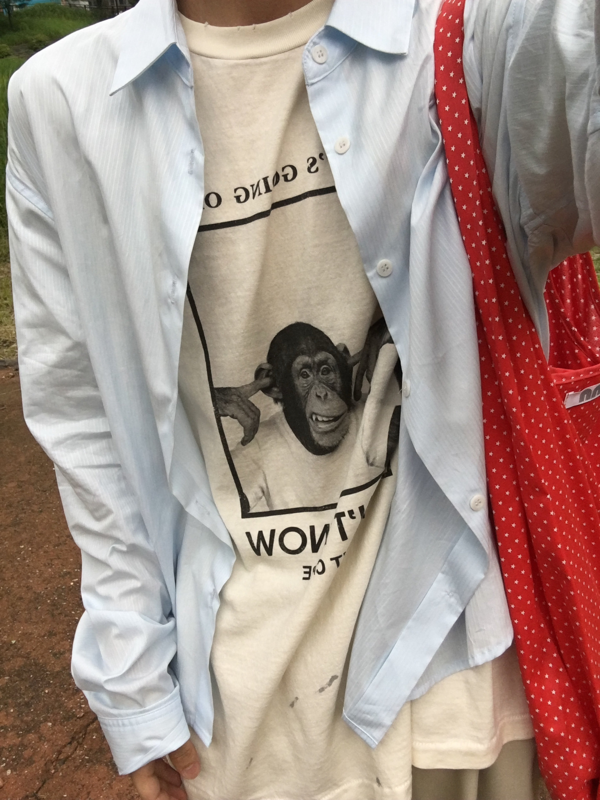 STU Monkey T-Shirt In Ivory, STU Stripe Crop Shirt In Sky Blue 착용 스타일 - 2