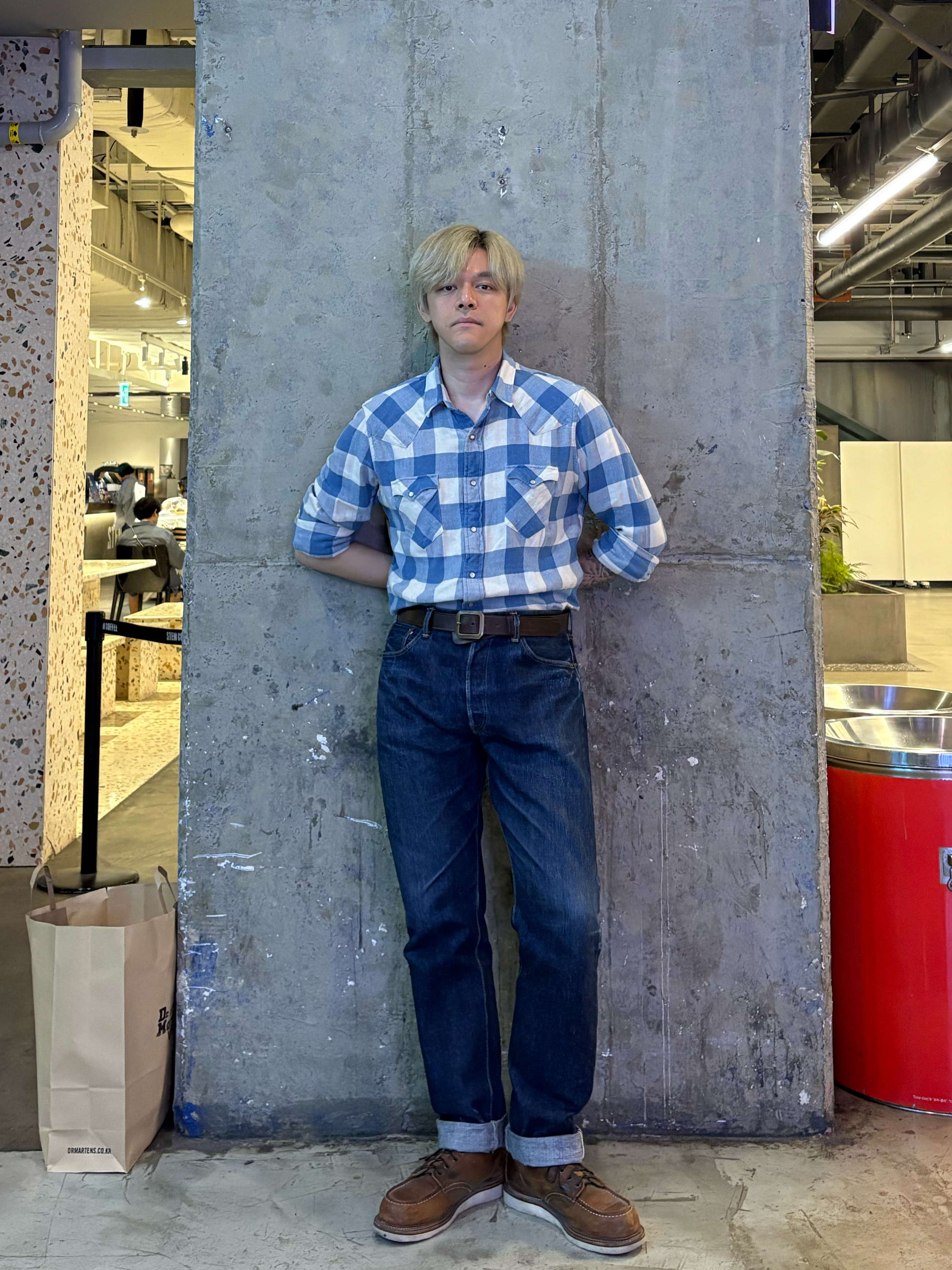 Double RL Slim Fit Plaid Twill Western Shirt Indigo Cream, Orslow 105 Standard Selvedge Denim One Wash - 25SS 착용 스타일 - 3