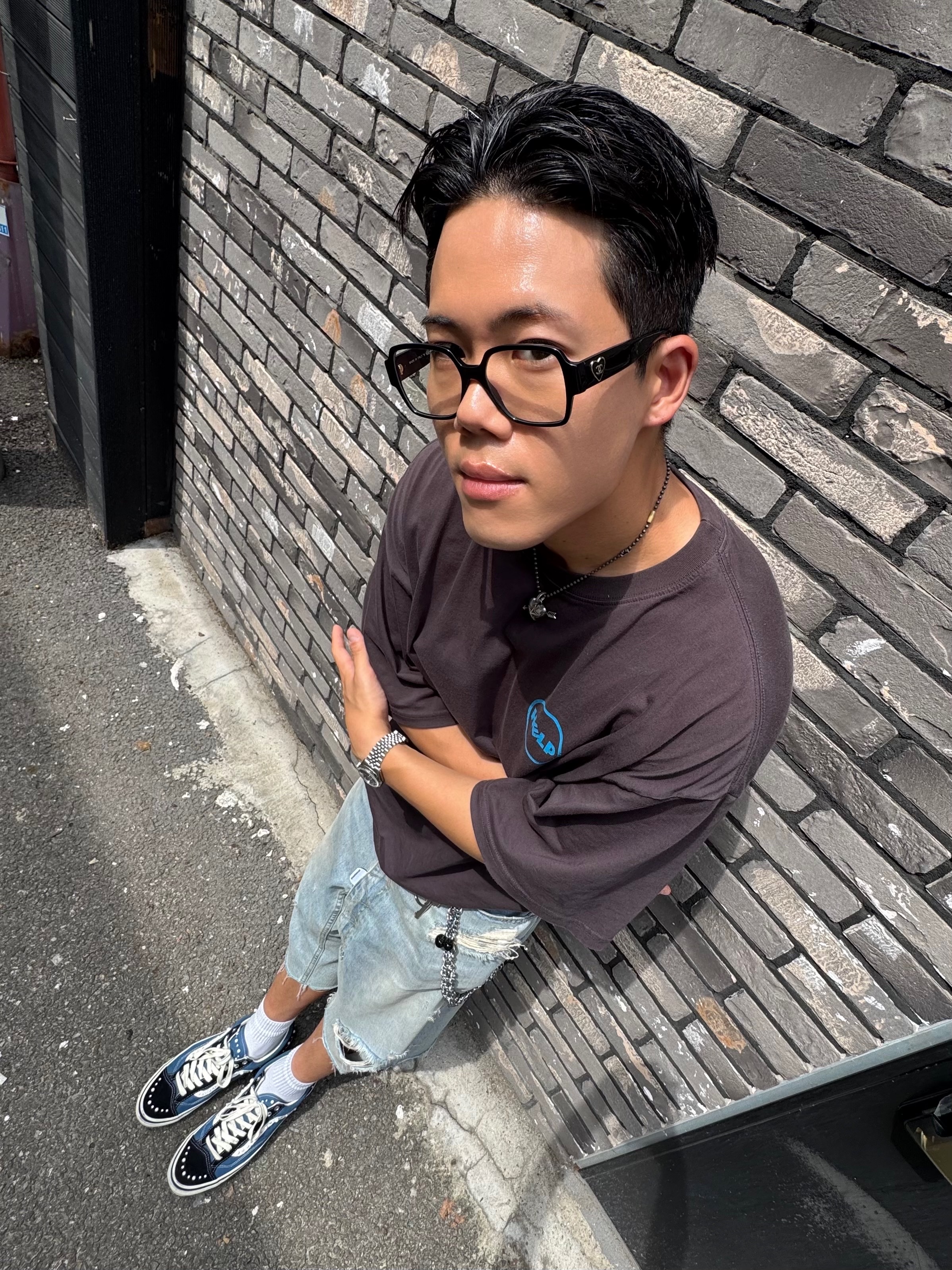 Protocol Index Long Zipper Fly Denim Shorts Blue, Vans LX Old Skool 36 Pearlized Navy Black 착용 스타일 - 2