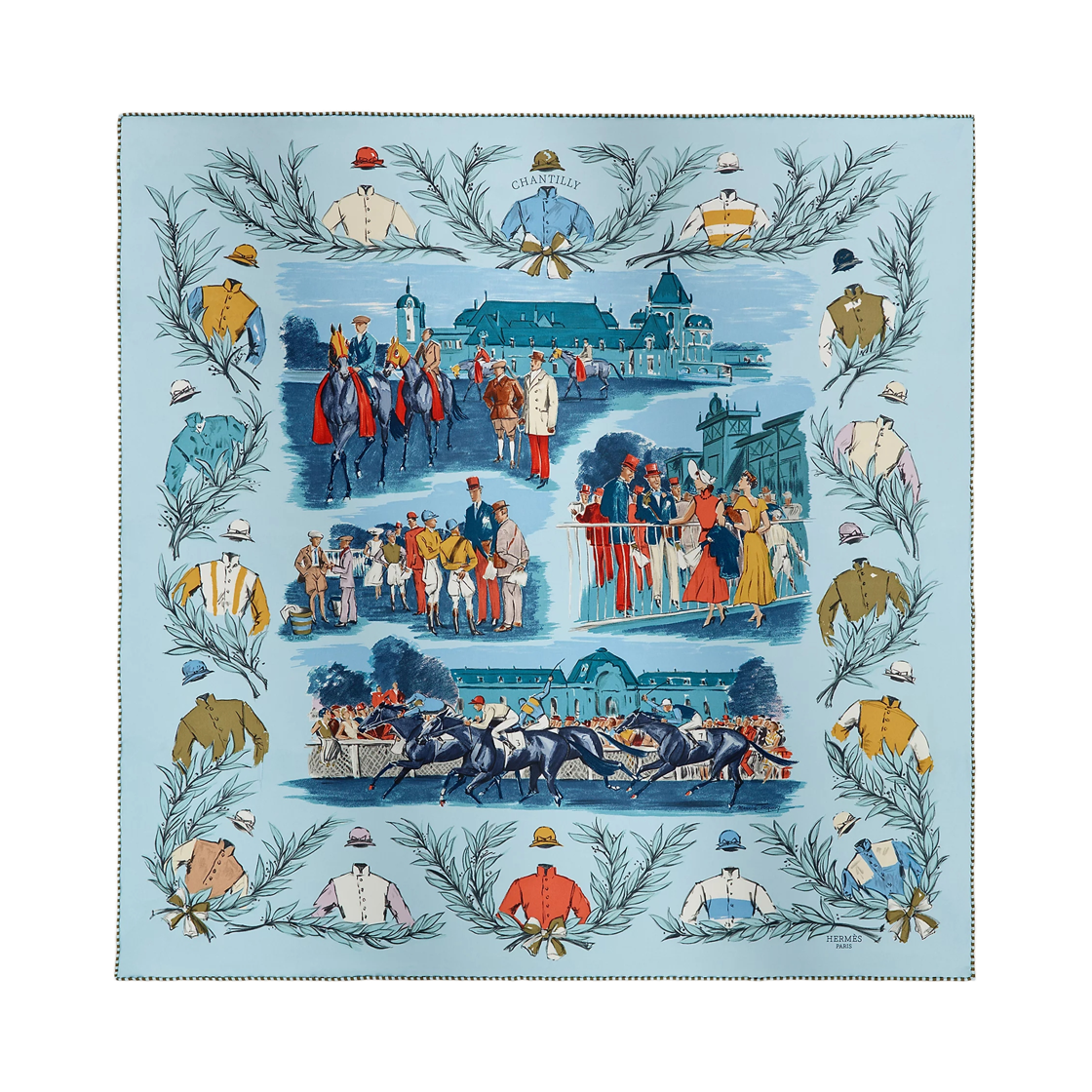 H981173S02 (W) Hermes Champ De Courses A Chantilly Scarf 70 Silk & Bleu Ciel Brique Bronze