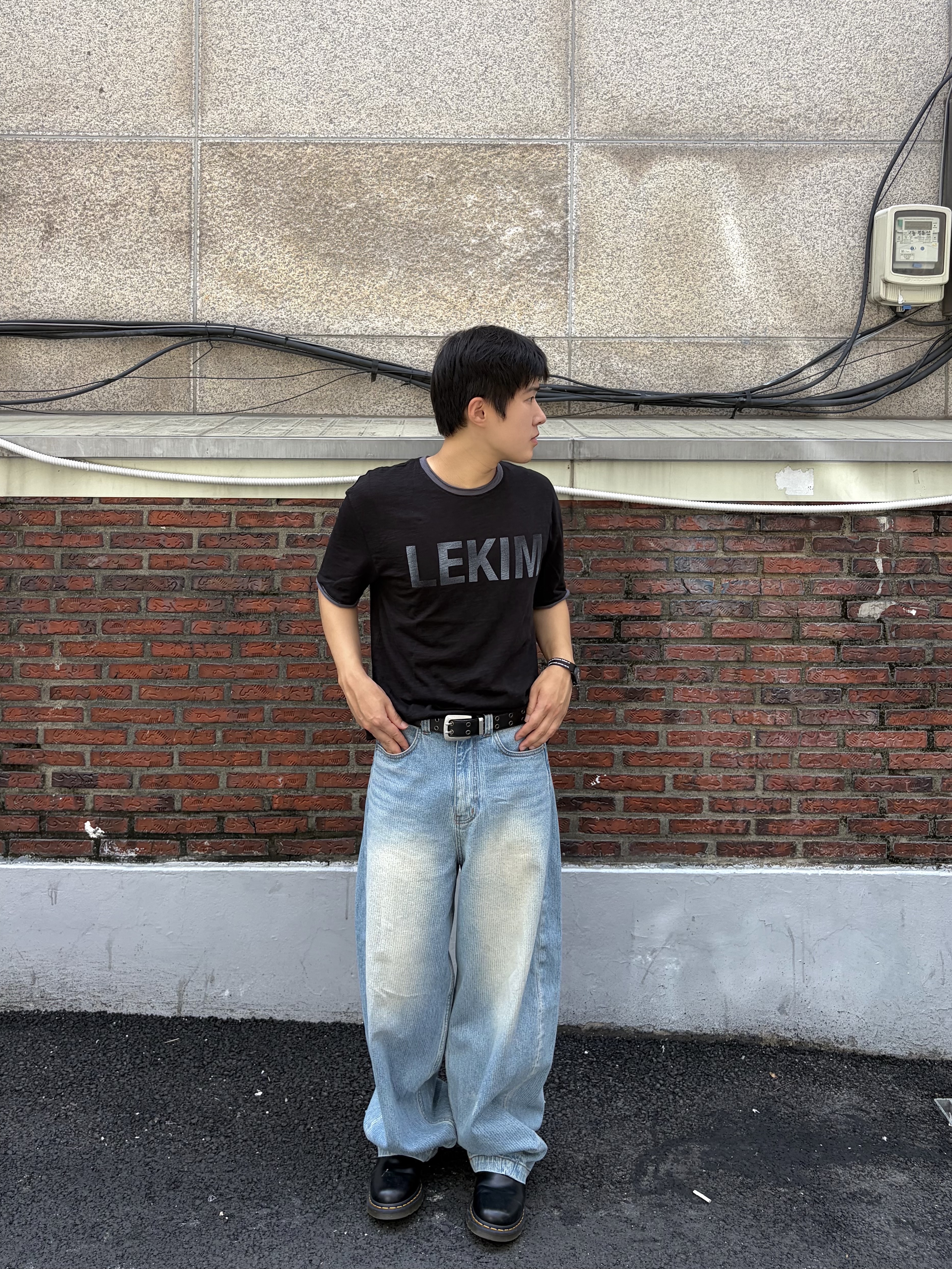 noun Corduroy Denim Pants Light Blue, Dr. Martens 1461 Smooth Black 착용 스타일 - 2