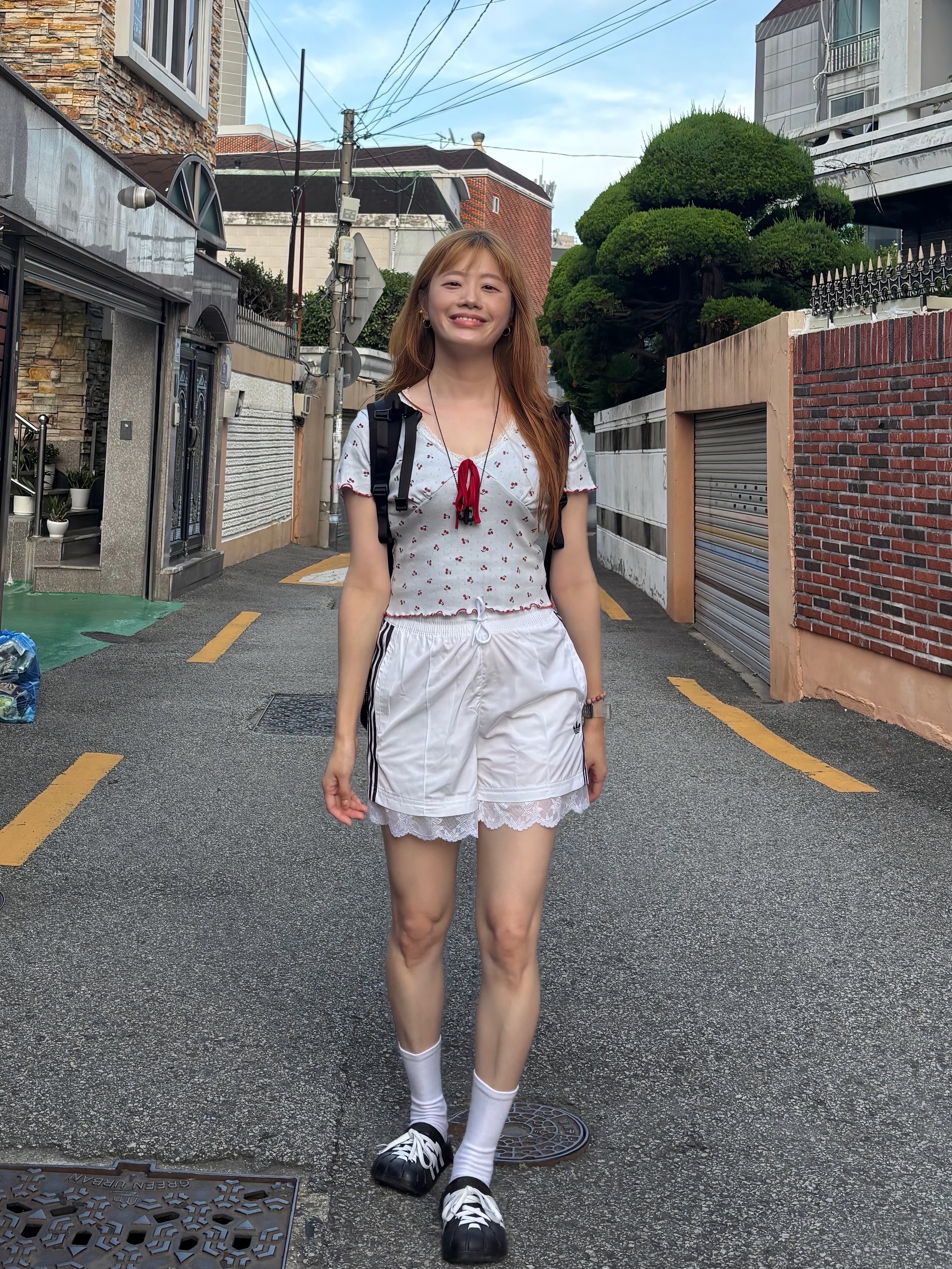 Adidas Adilette Clog Black White, (W) Adidas Lace Trim 3-Stripes Shorts White - KR Sizing 착용 스타일 - 3