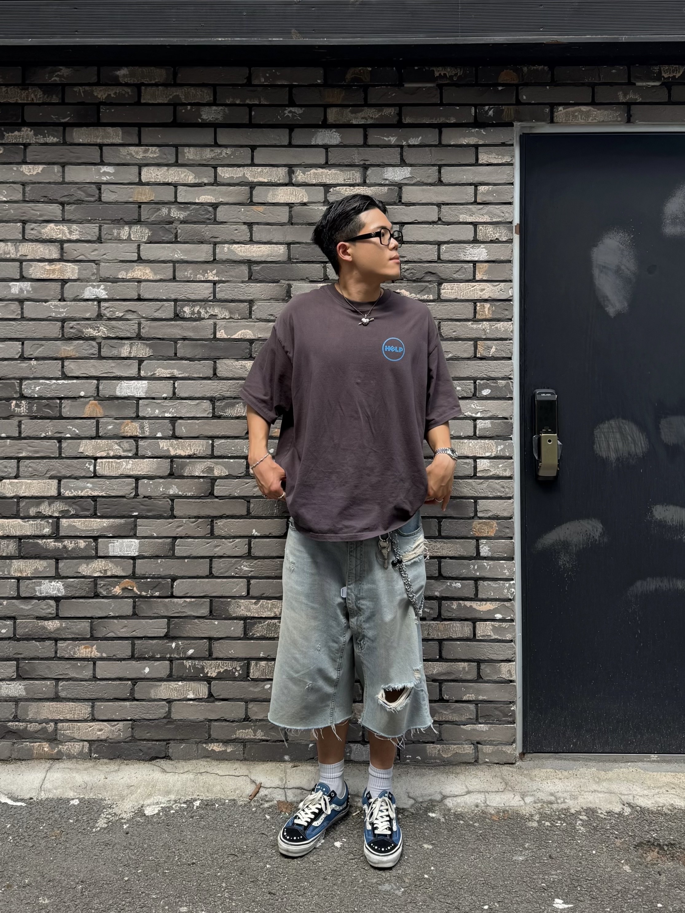 Protocol Index Long Zipper Fly Denim Shorts Blue, Vans LX Old Skool 36 Pearlized Navy Black 착용 스타일 - 3