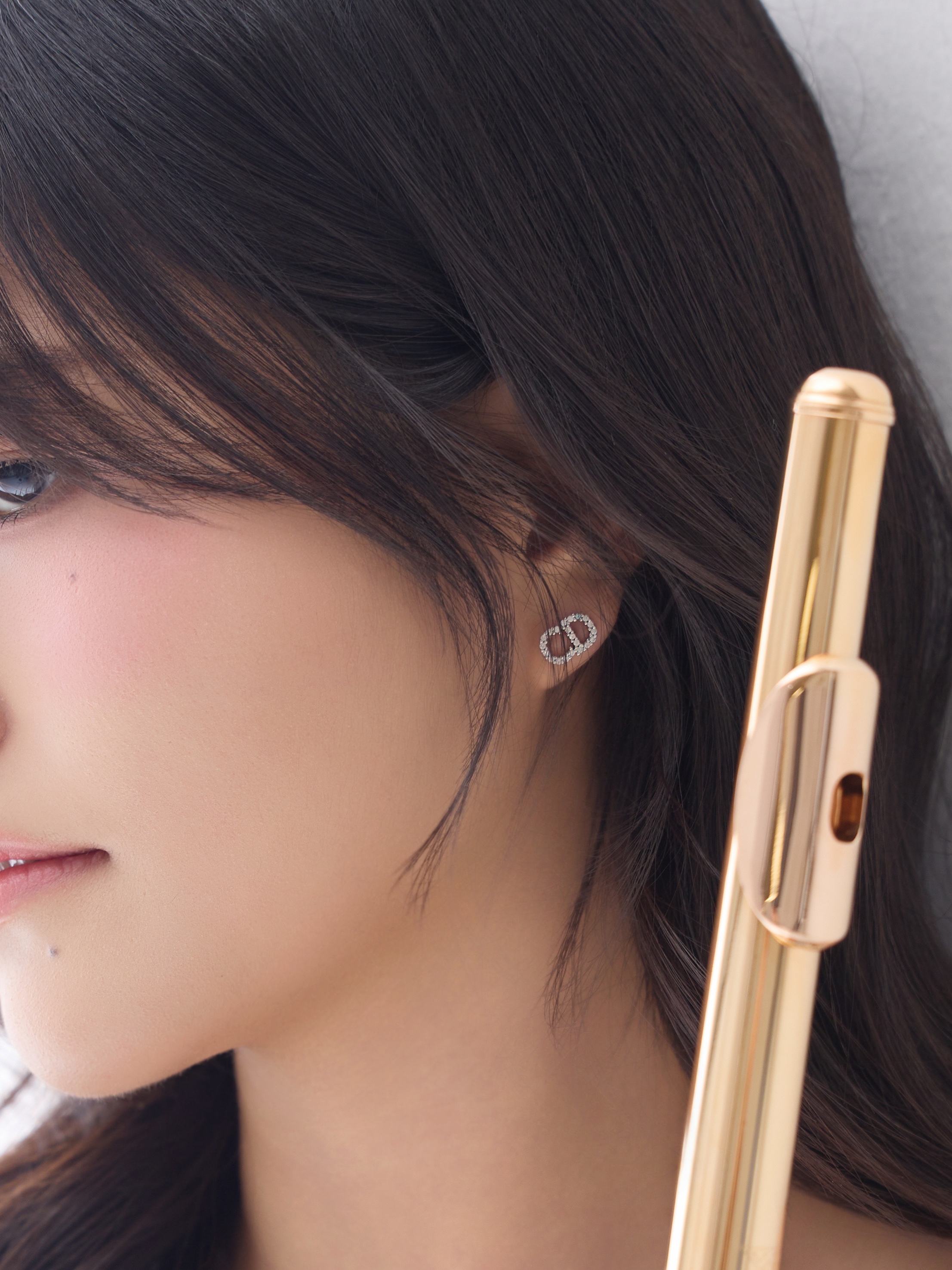 (W) Dior CD Signature Stud Earrings Metal & Crystal Silver 착용 스타일 - 2