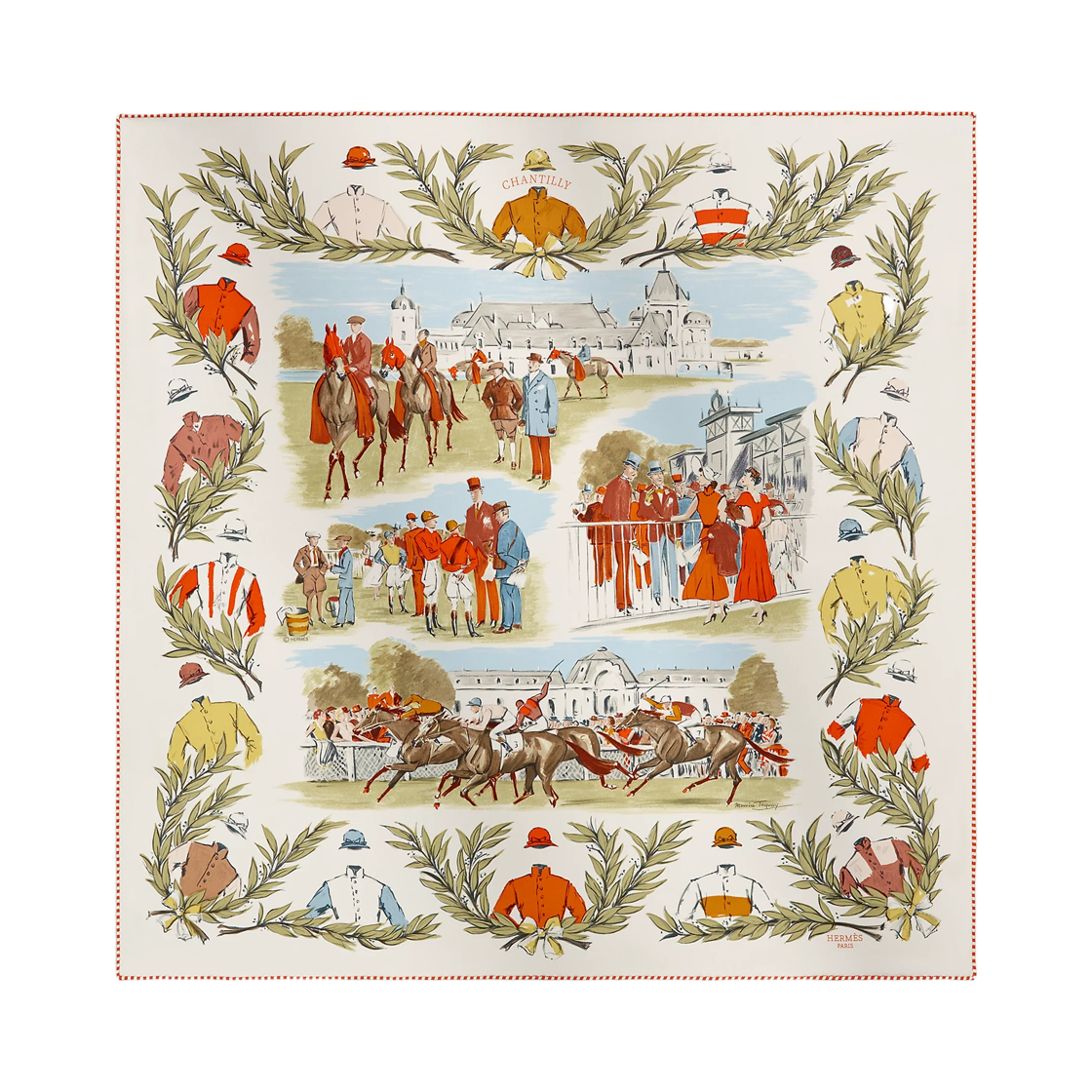 H981173S01 (W) Hermes Champ De Courses A Chantilly Scarf 70 Silk & Blanc Orange Bleu Ciel