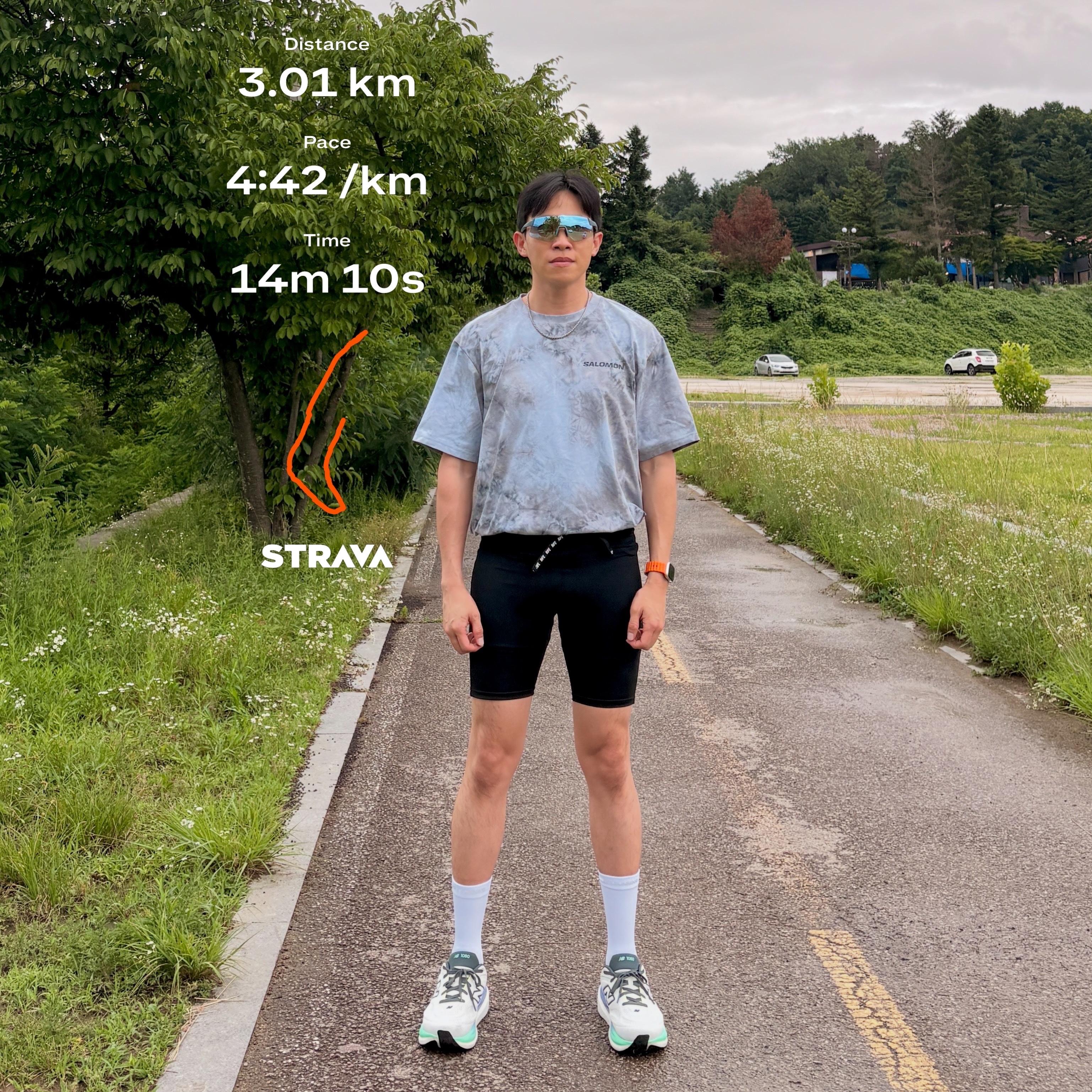 Salomon Dynamic Run Short SleeveTee Melange Grey, New Balance 1080v15 Reflection Graphite  - 2E Wide 착용 스타일 - 1