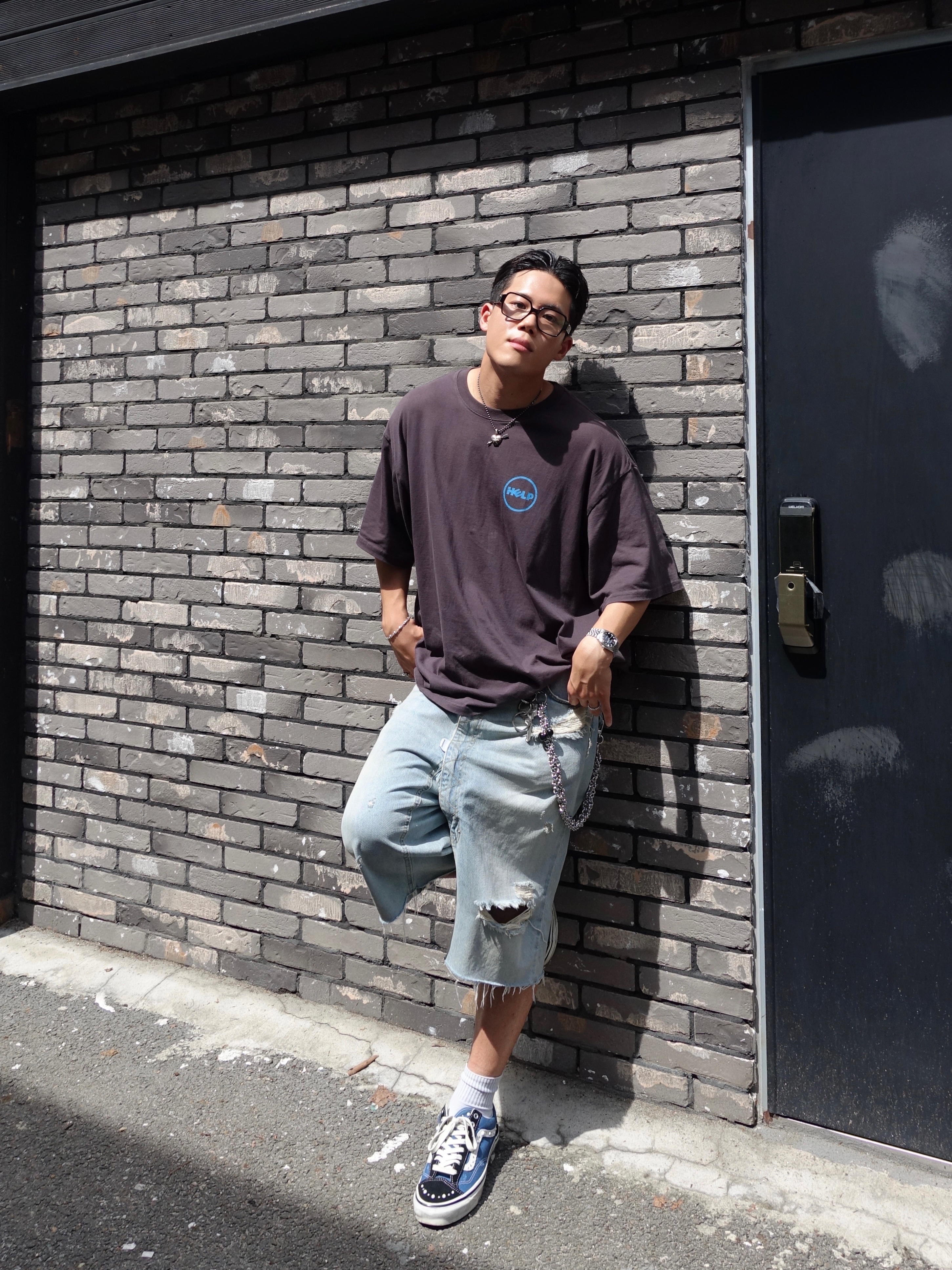 Protocol Index Long Zipper Fly Denim Shorts Blue, Vans LX Old Skool 36 Pearlized Navy Black 착용 스타일 - 1