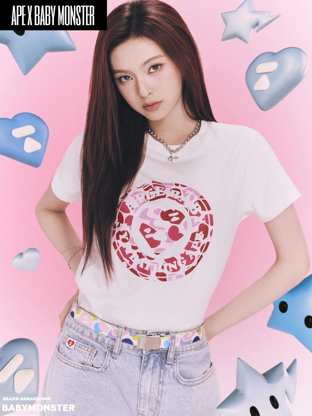 (W) BAPE Apee x Baby Monster Apee Baby Print T-Shirt #2 Ruka White, (W) BAPE Apee x Baby Monster Apee Baby Print T-Shirt #2 Ahyeon Sax 착용 스타일 - 2